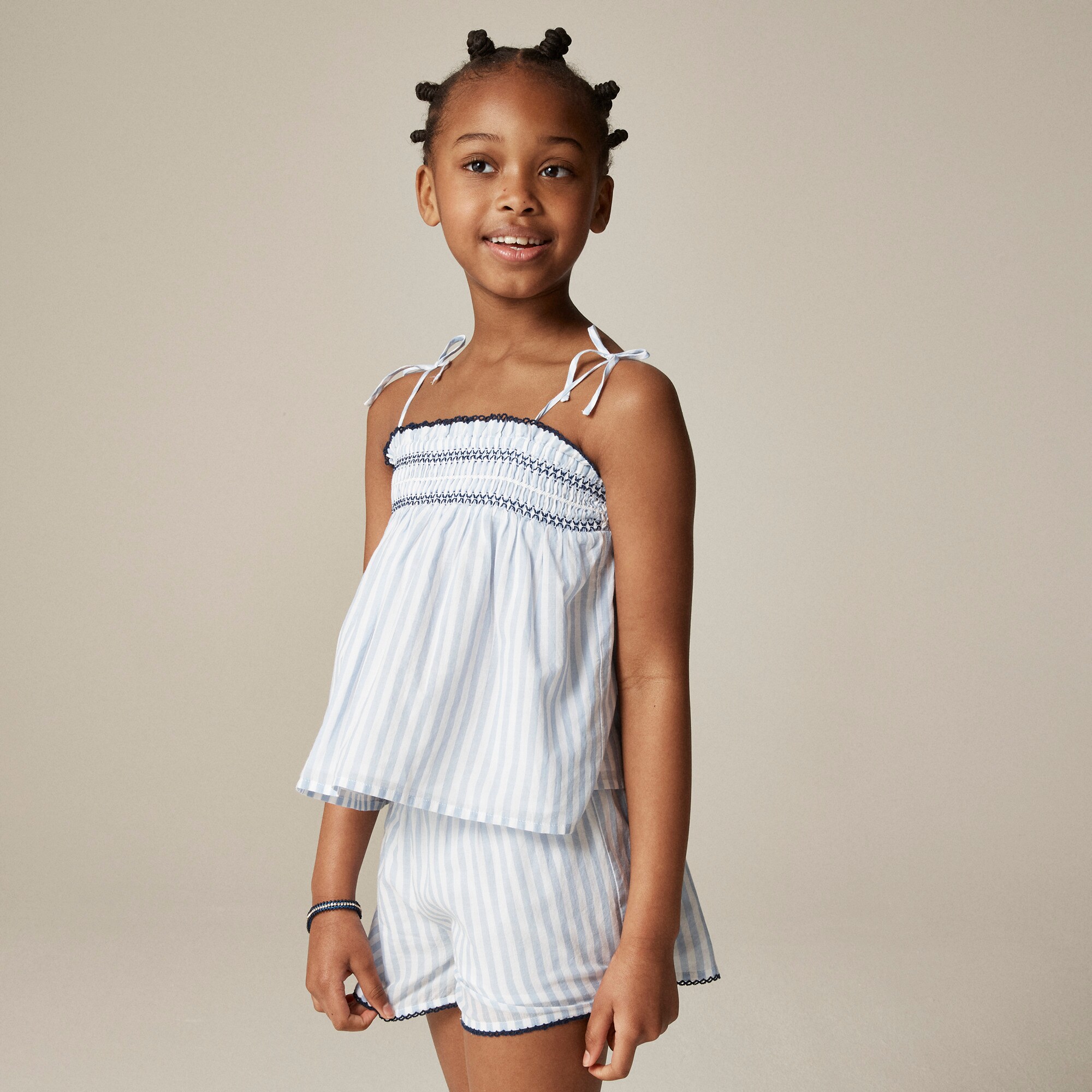  Girls' tie-shoulder smocked tank top in cotton voile stripe