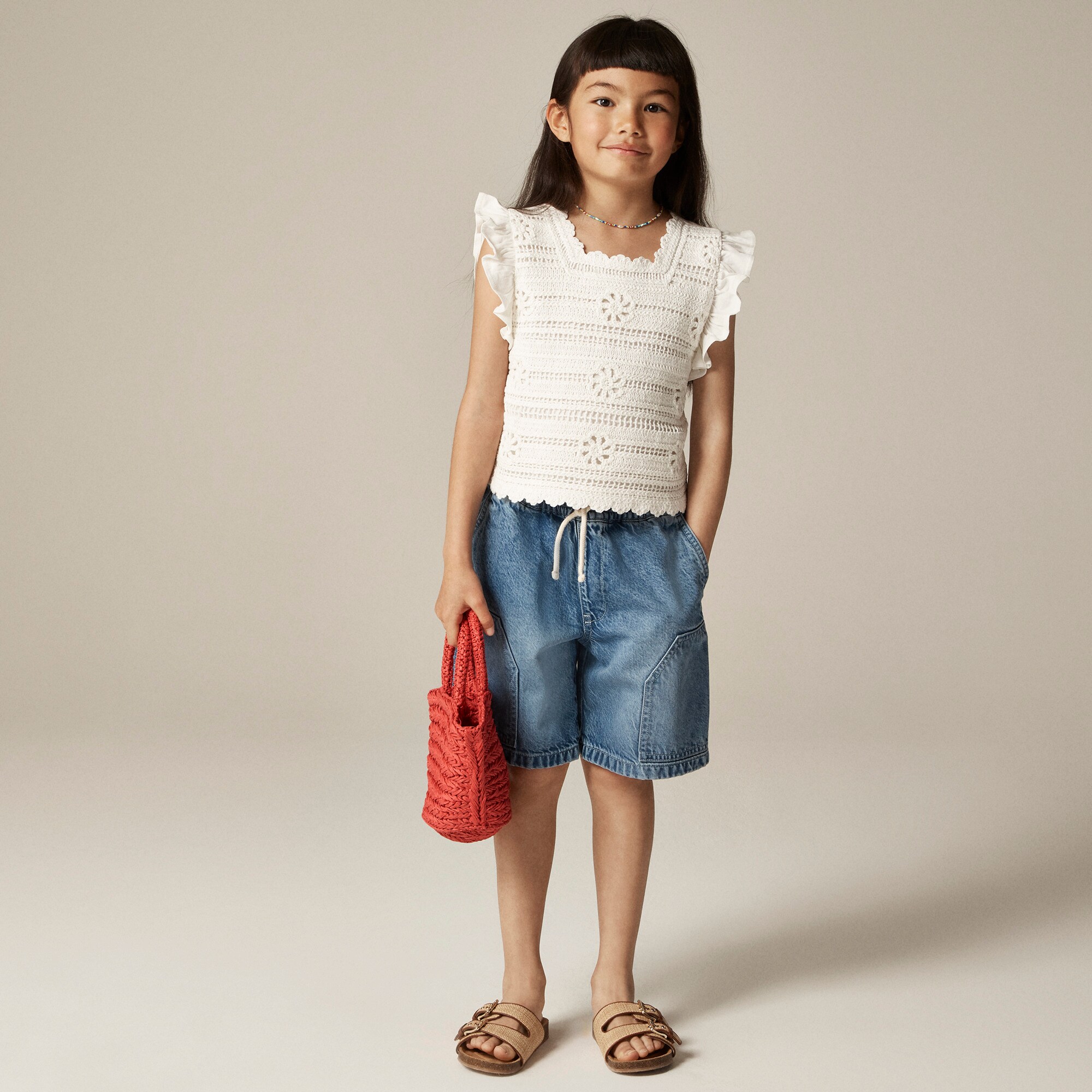 girls Girls' crochet ruffle-sleeve T-shirt in jersey