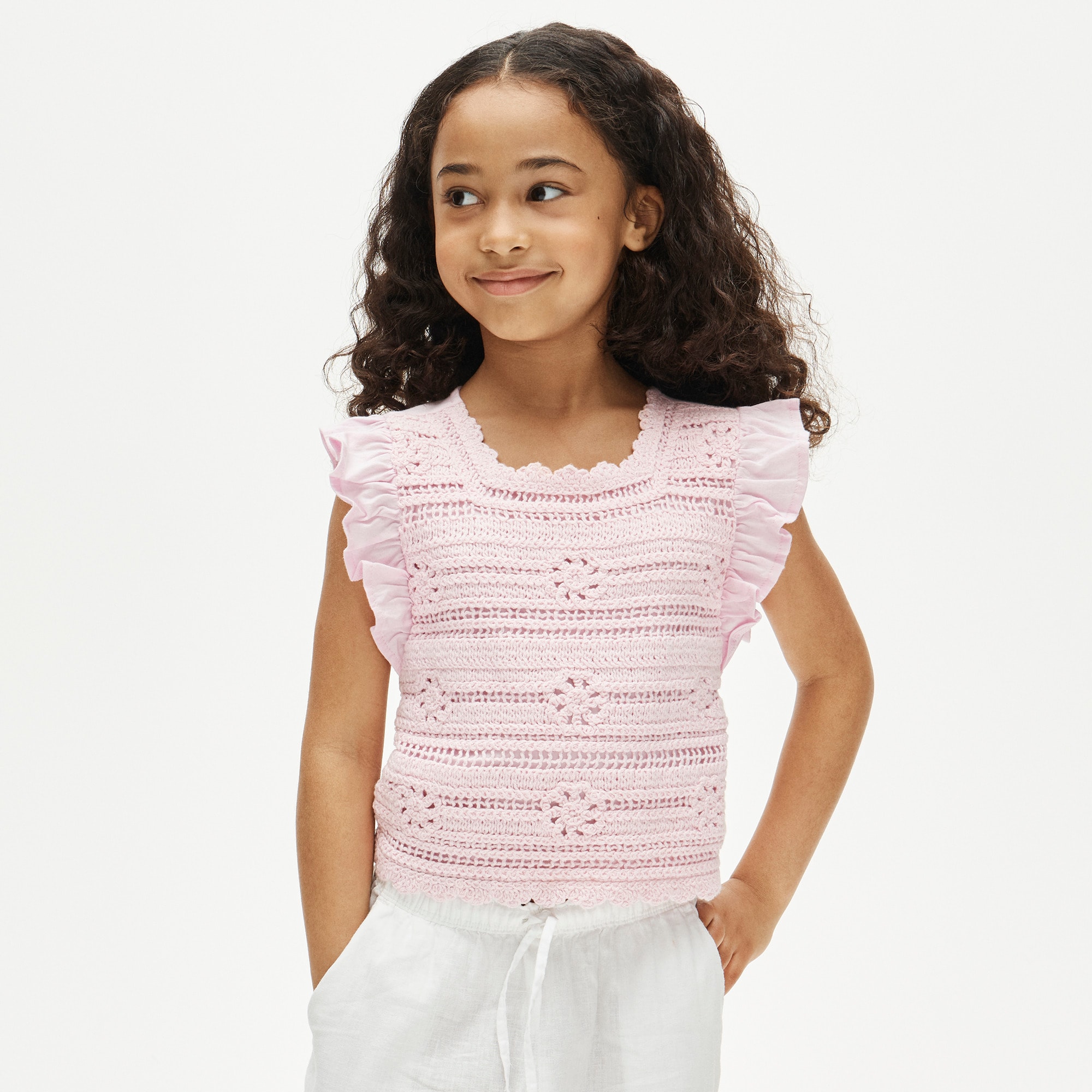 Girls' crochet ruffle-sleeve T-shirt in jersey