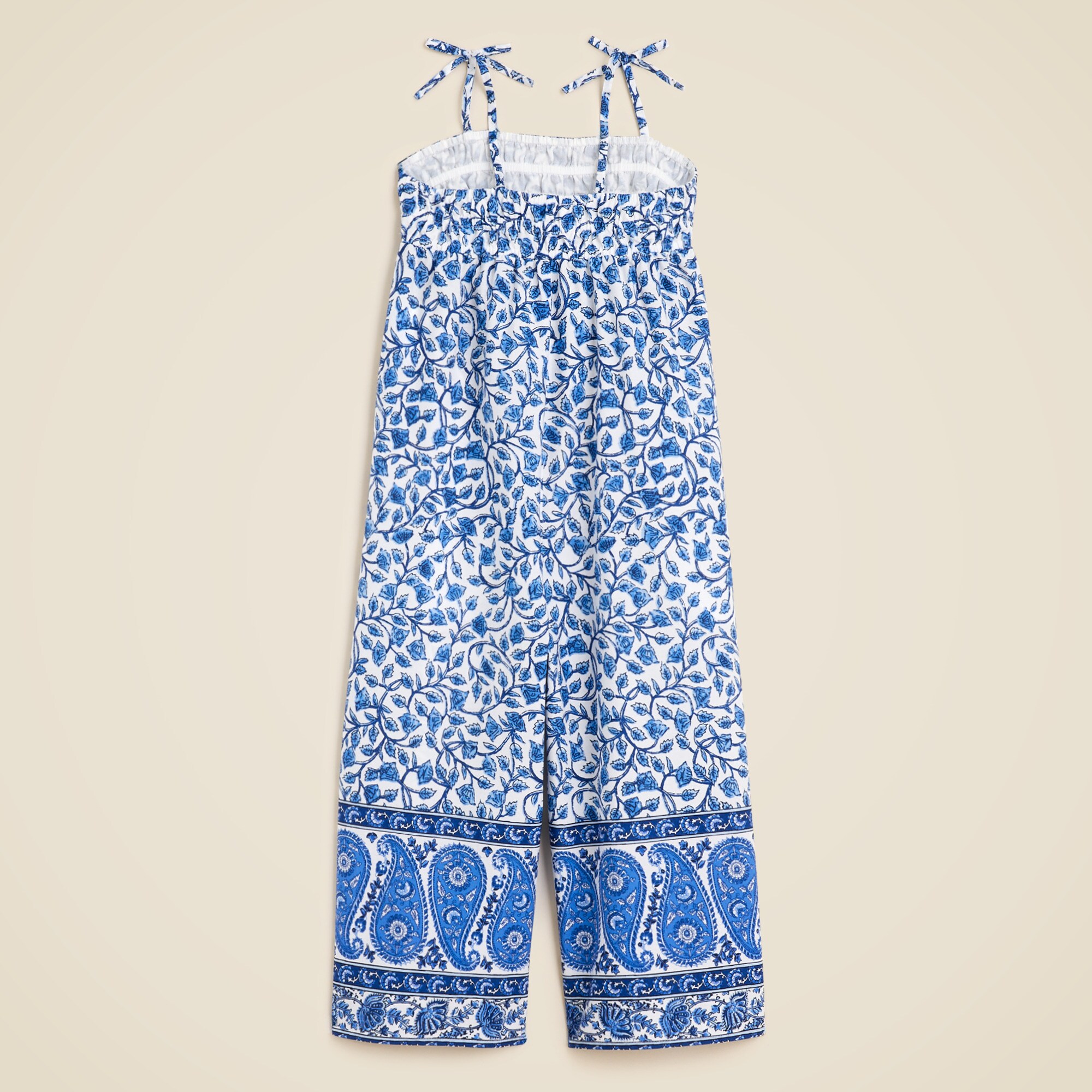 Girls' tie-shoulder jumpsuit in bandana block print