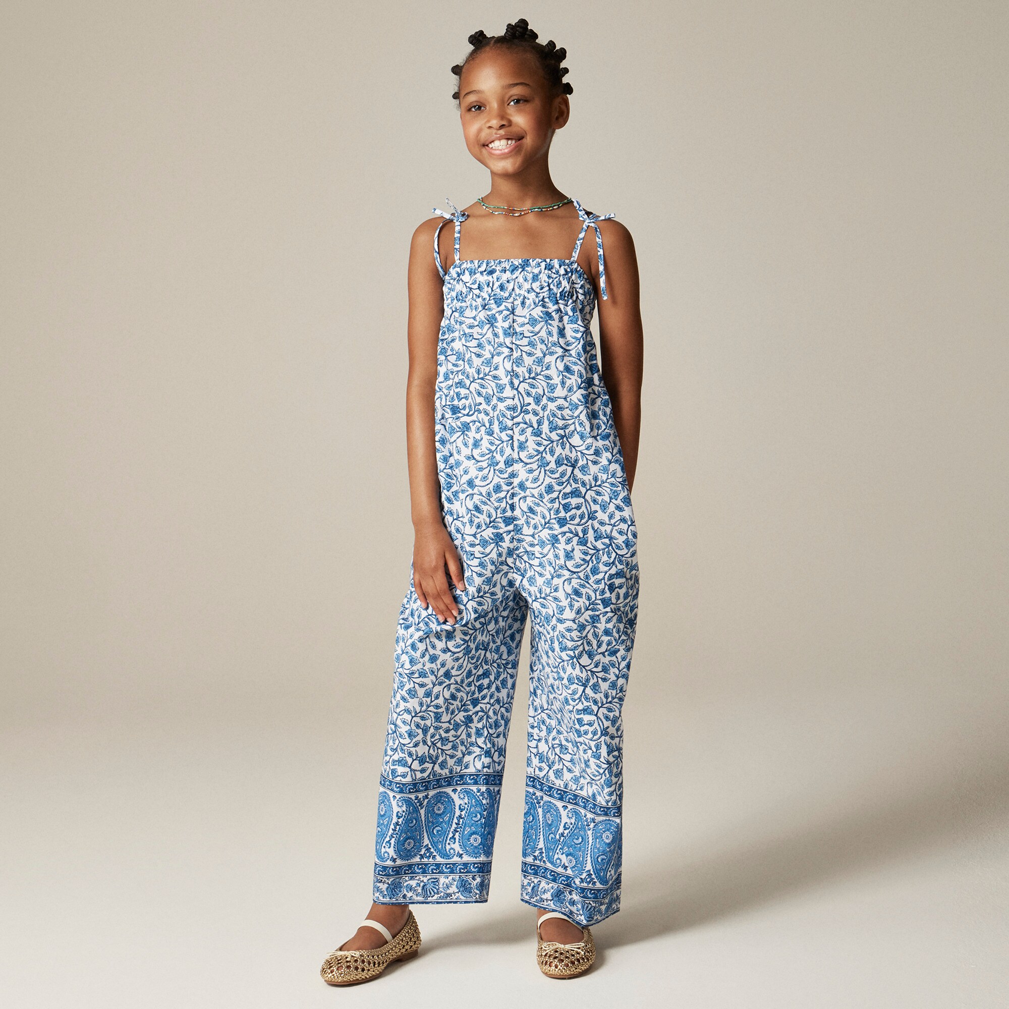  Girls' tie-shoulder jumpsuit in bandana block print