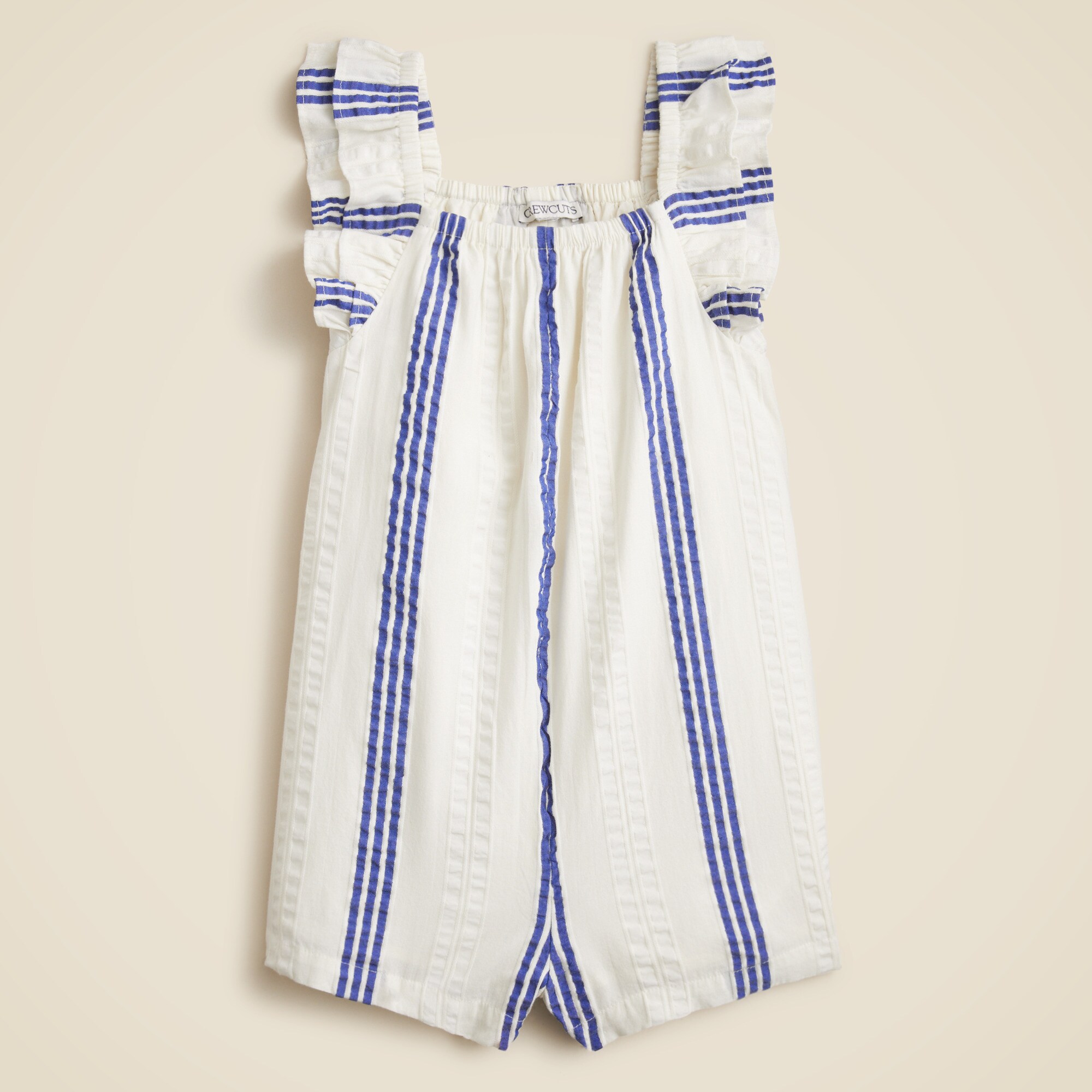 girls Girls' flutter-sleeve romper in striped cotton-blend dobby