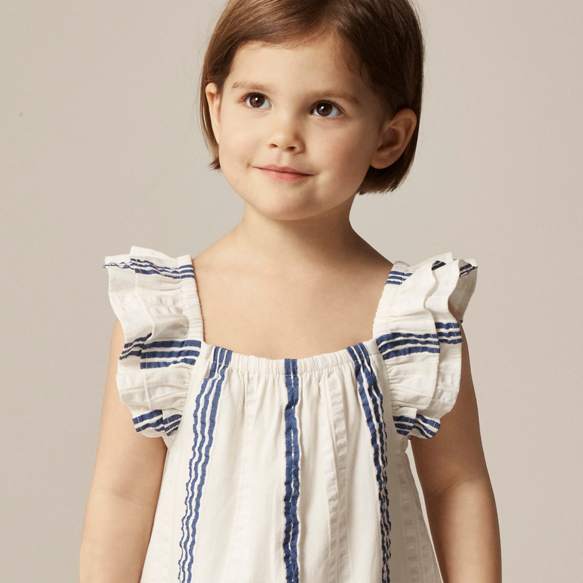 girls Girls' flutter-sleeve romper in striped cotton-blend dobby