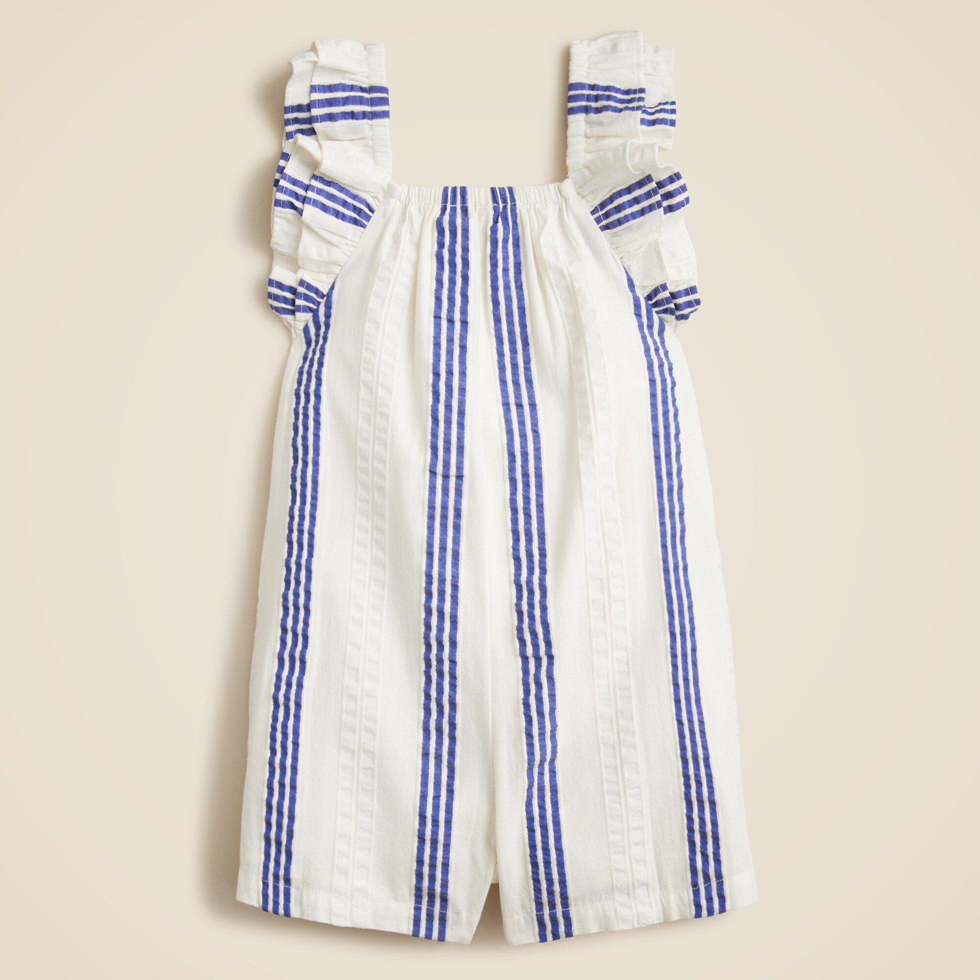 Girls' flutter-sleeve romper in striped cotton-blend dobby