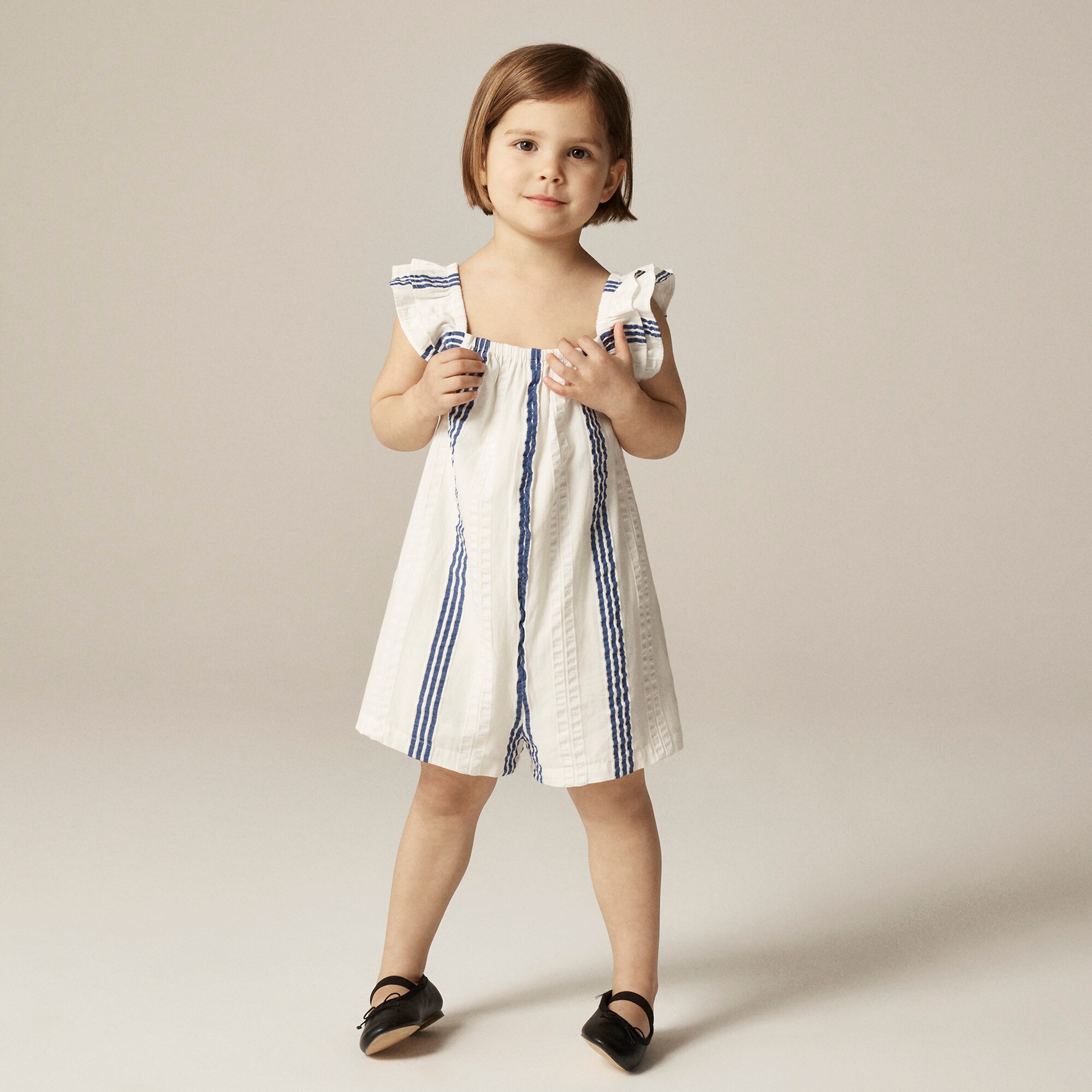  Girls' flutter-sleeve romper in striped cotton-blend dobby