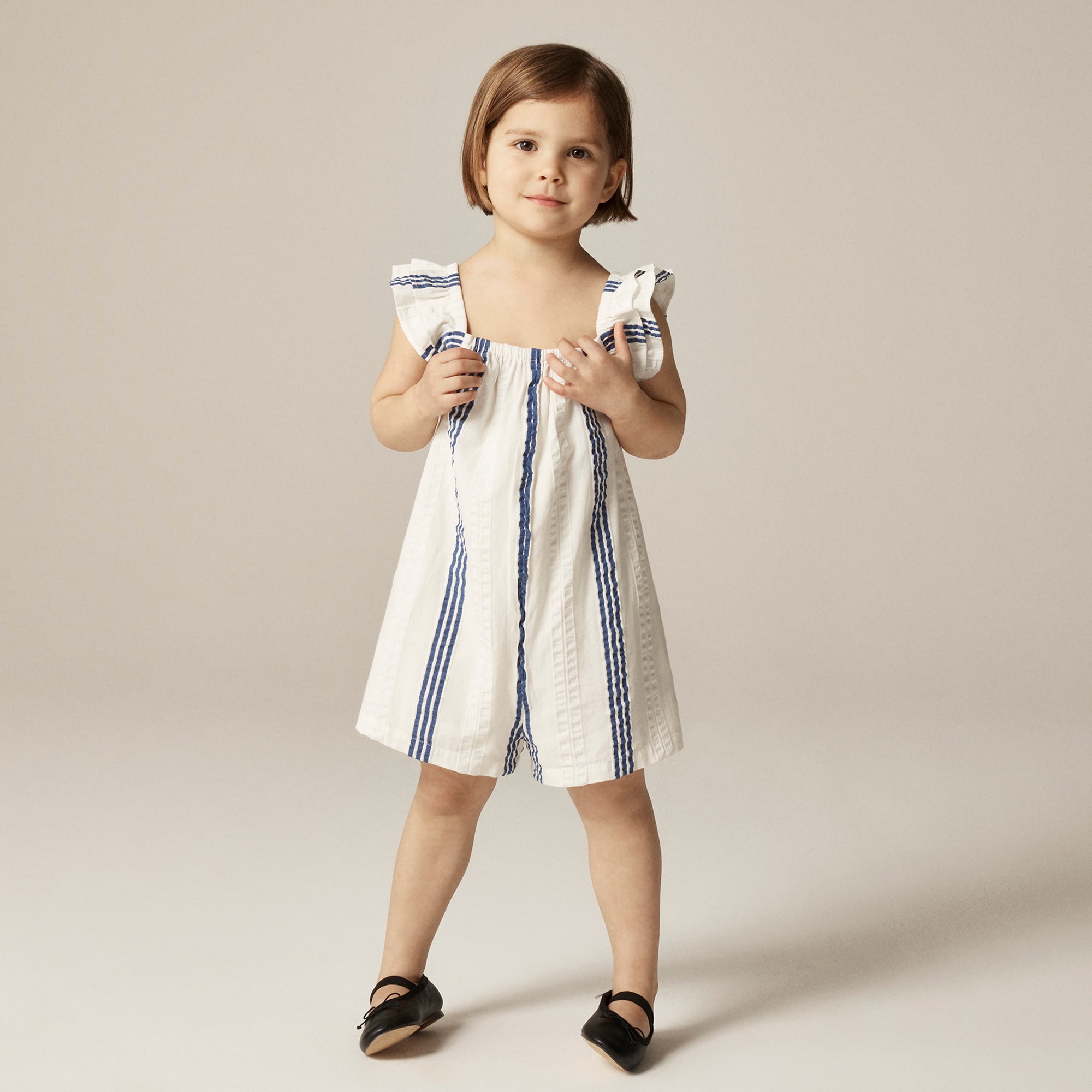 girls Girls' flutter-sleeve romper in striped cotton-blend dobby