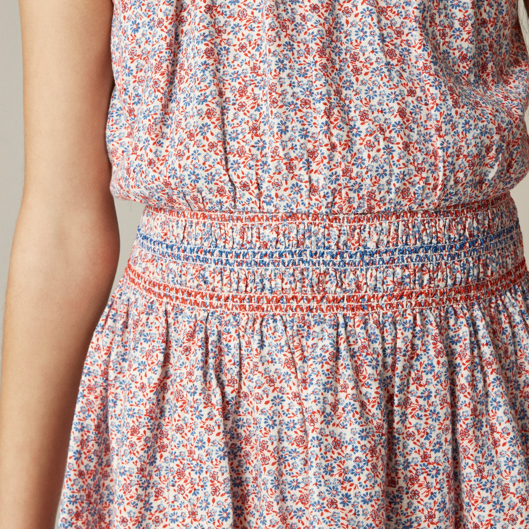 Girls' smocked-waist dress in linen viscose floral