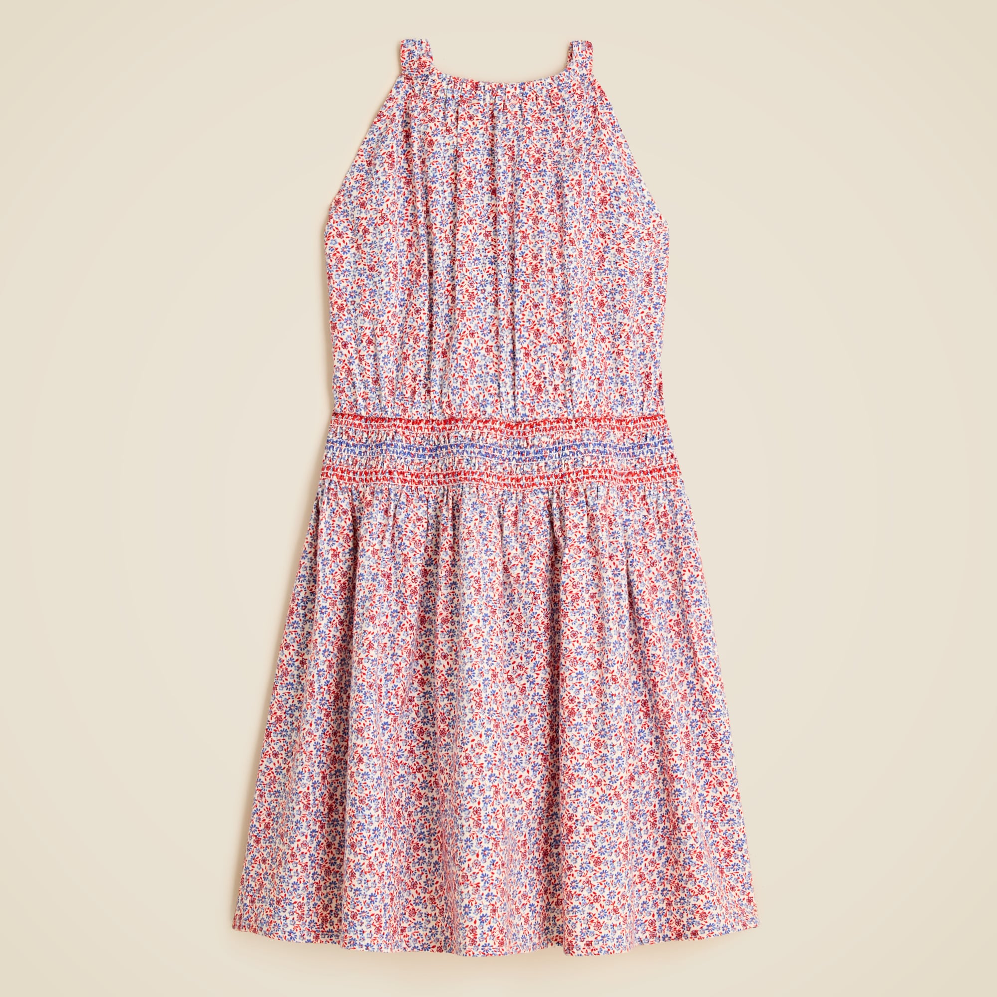 Girls' smocked-waist dress in linen viscose floral