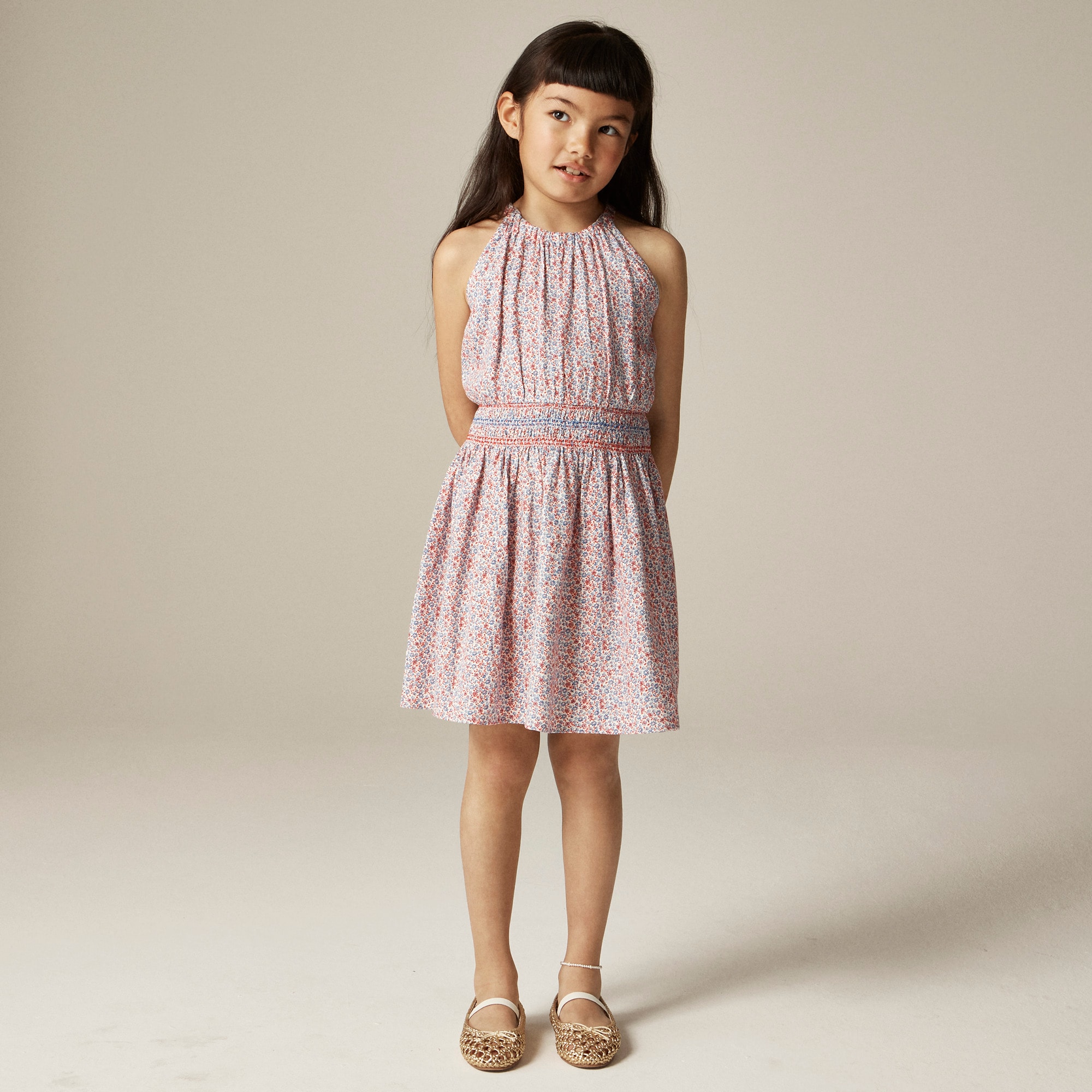  Girls' smocked-waist dress in linen viscose floral