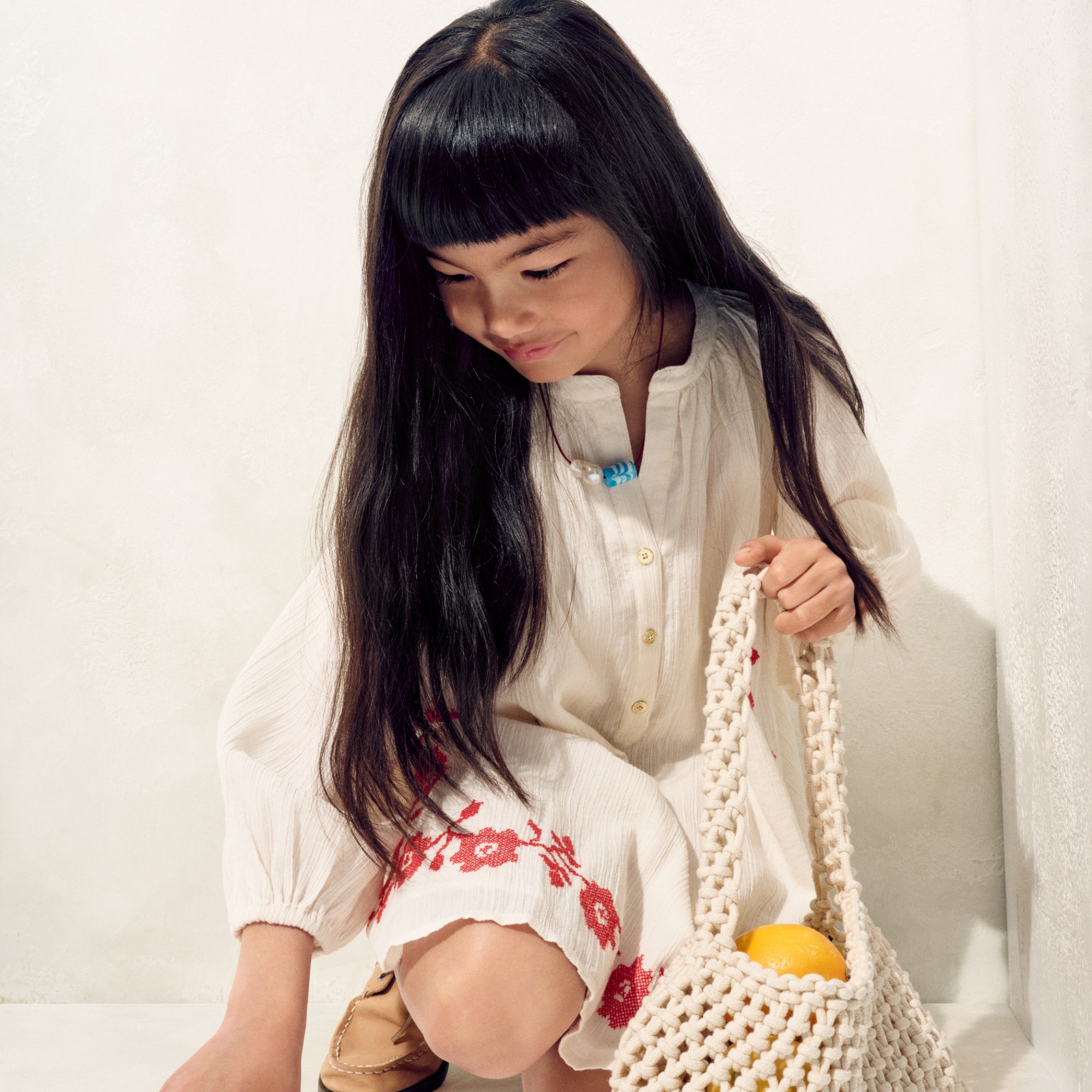Girls' embroidered popover dress in airy gauze