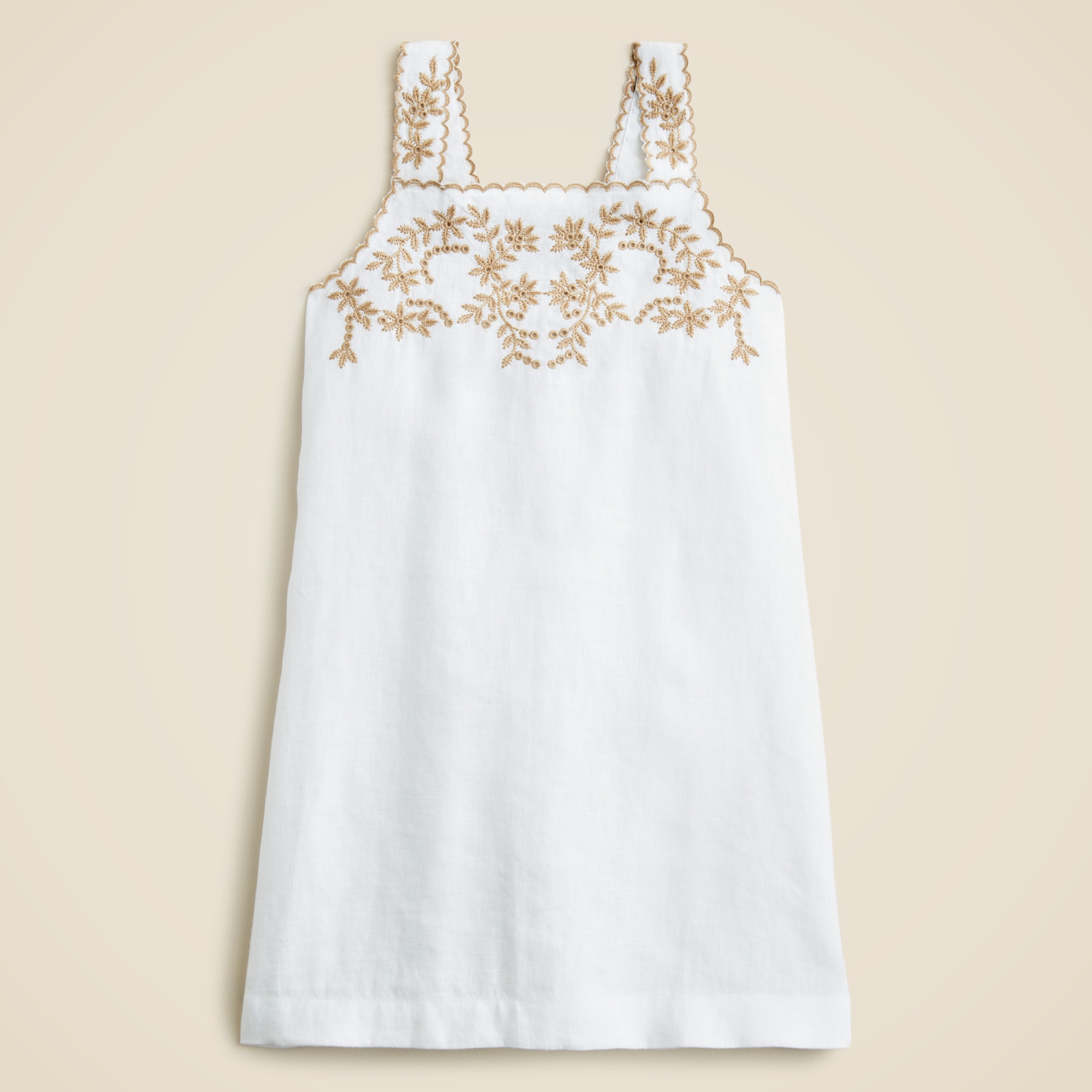 Girls' embroidered shift dress in linen-cotton blend