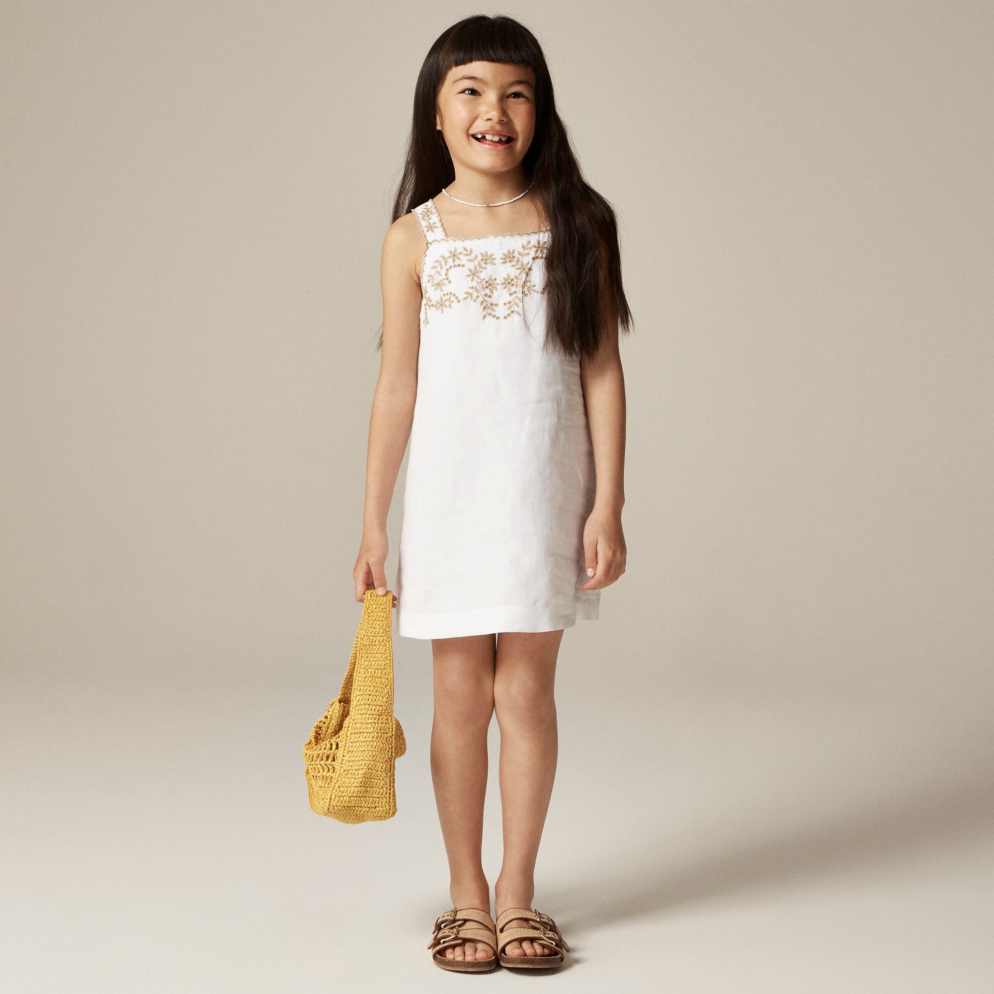  Girls' embroidered shift dress in linen-cotton blend