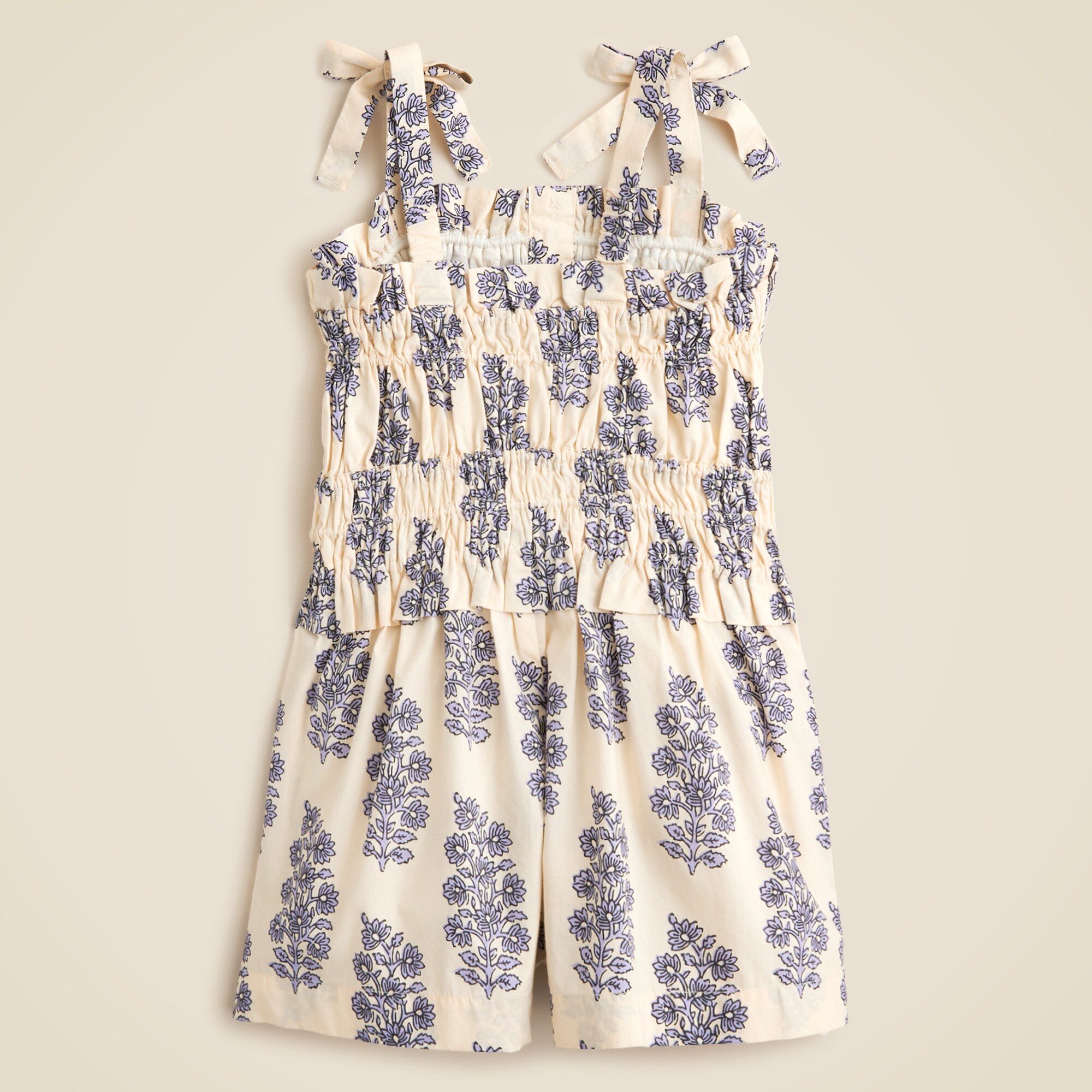 Girls' smocked romper in blooming lilac block print