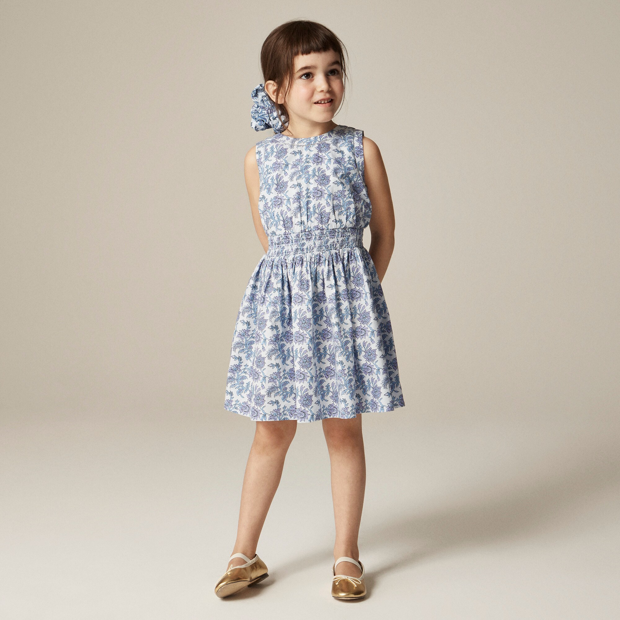  Girls' smocked-waist dress in lavender vines block print