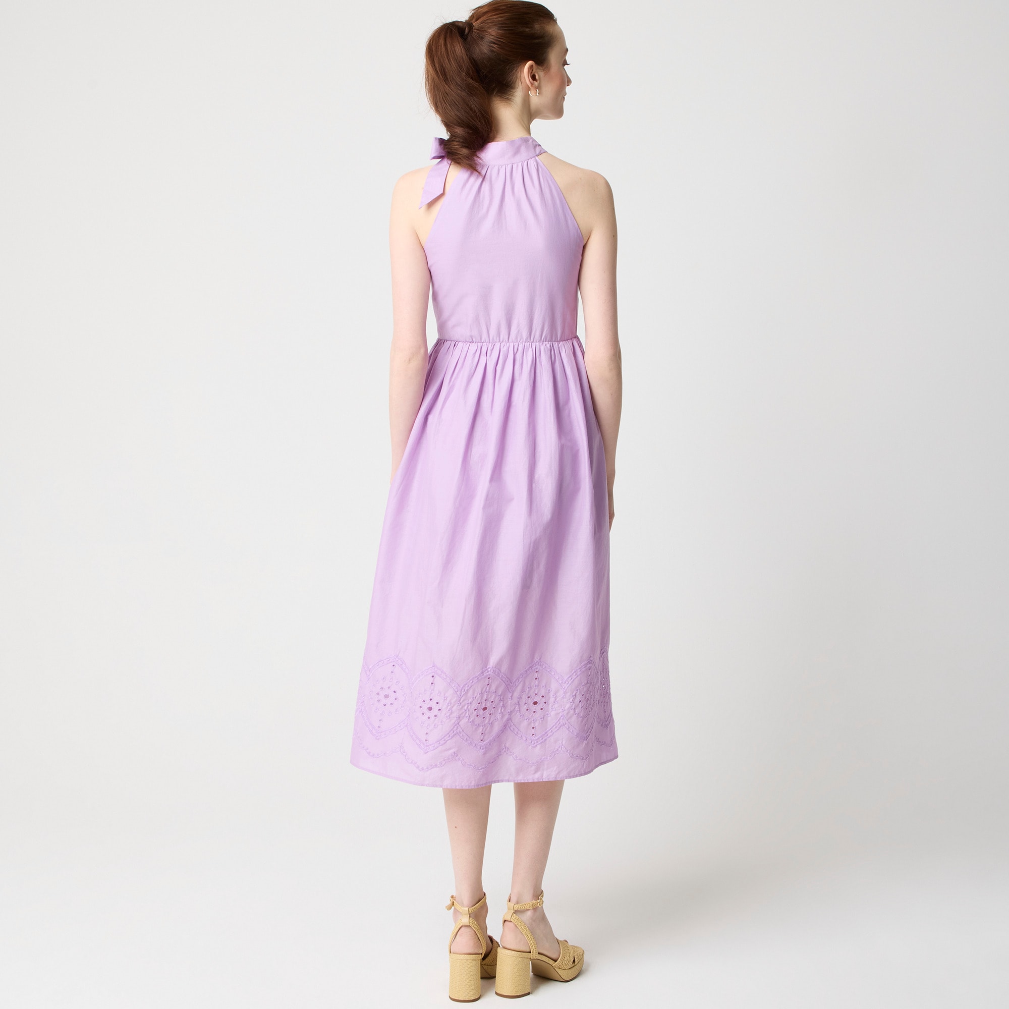 Tie-neck midi dress with eyelet trim