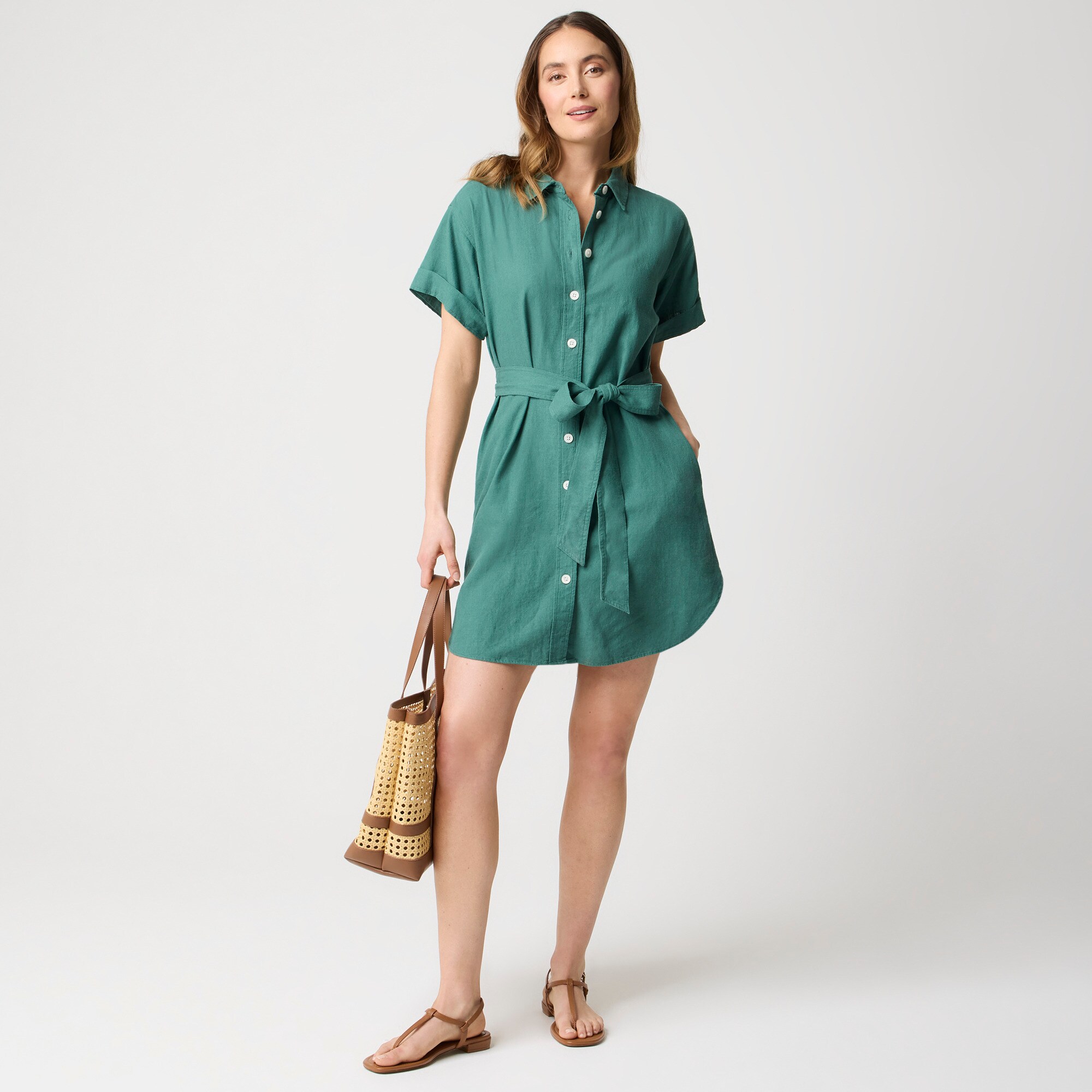 Linen-blend belted mini shirtdress