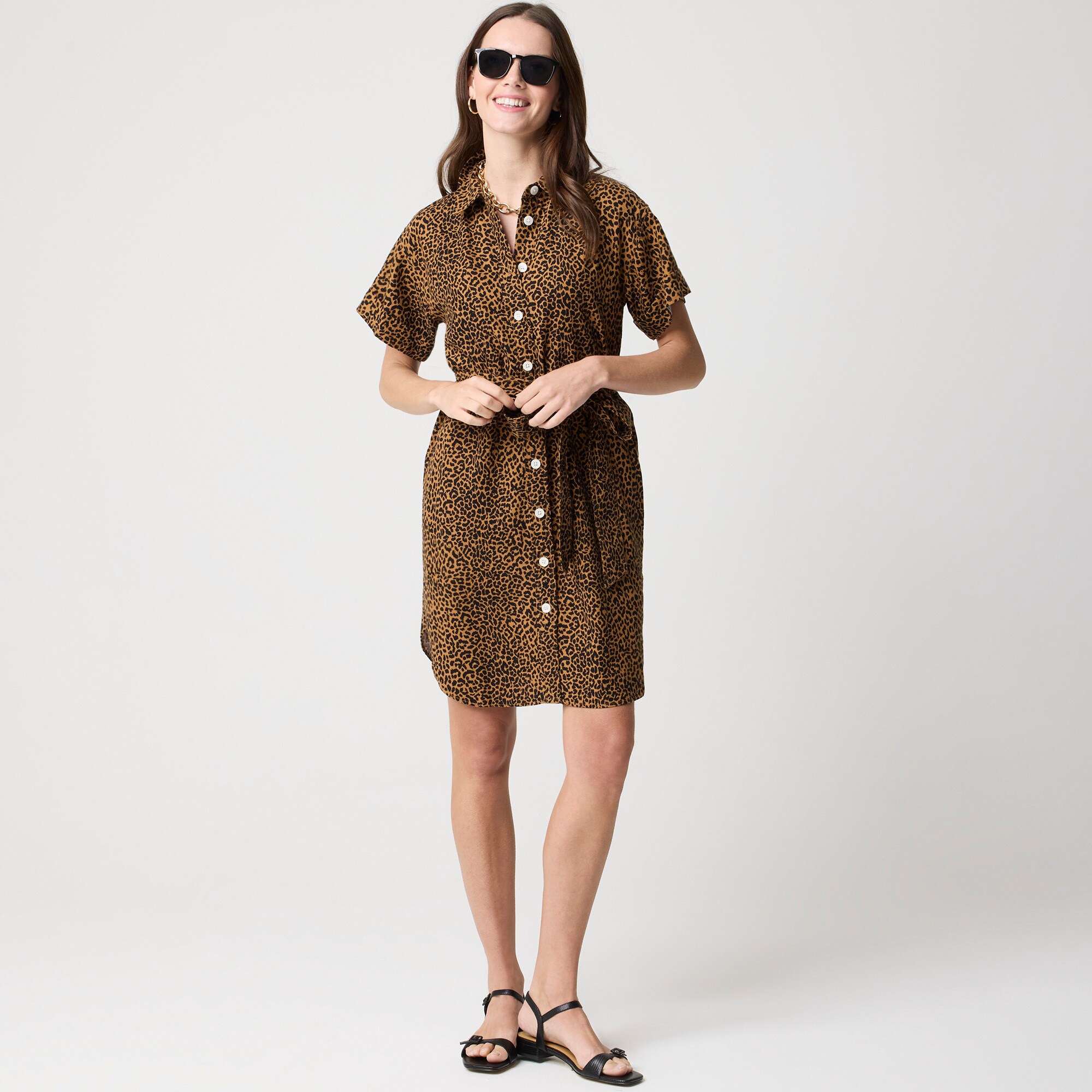  Linen-blend belted mini shirt-dress