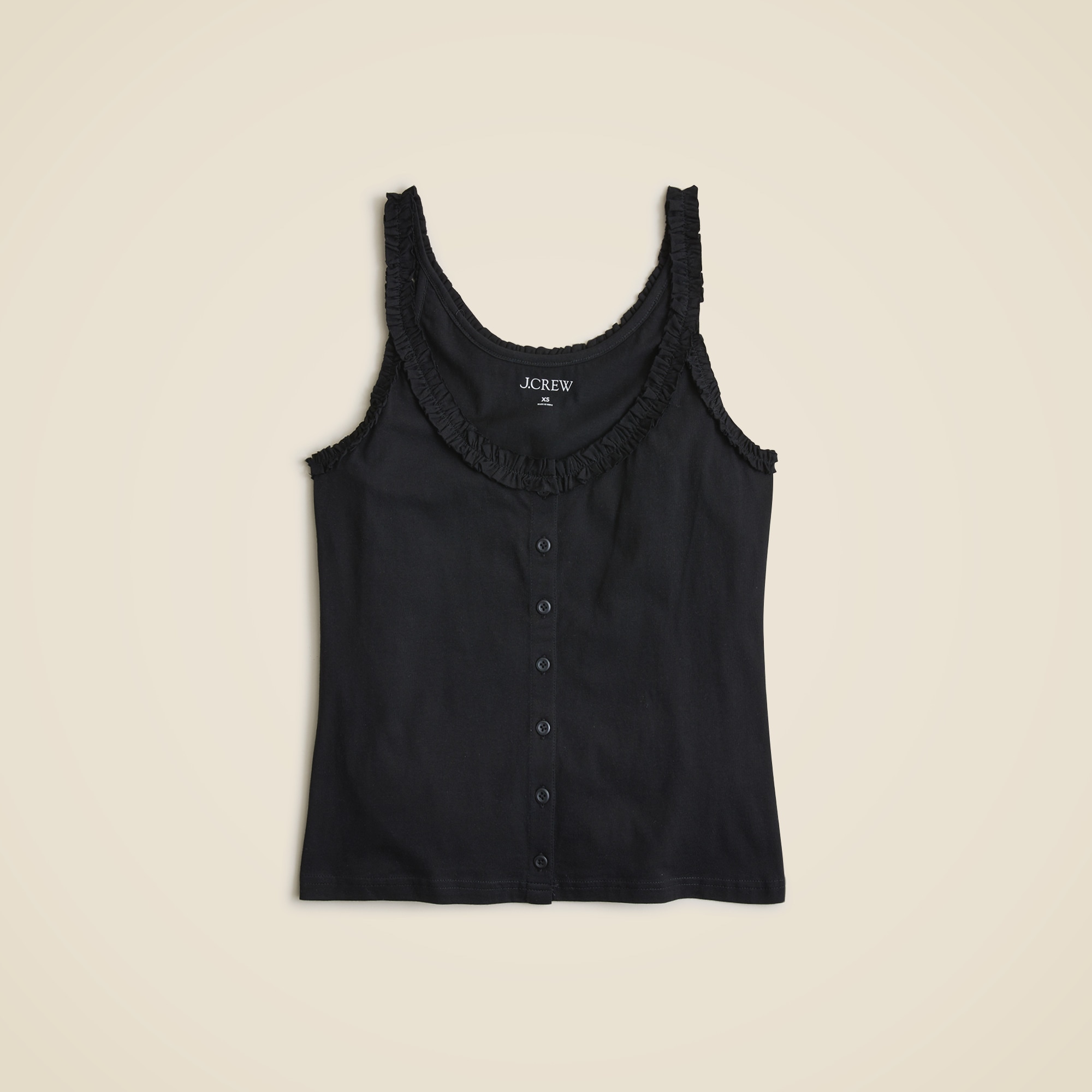 womens Broken-in jersey button-front tank top with ruffle trim