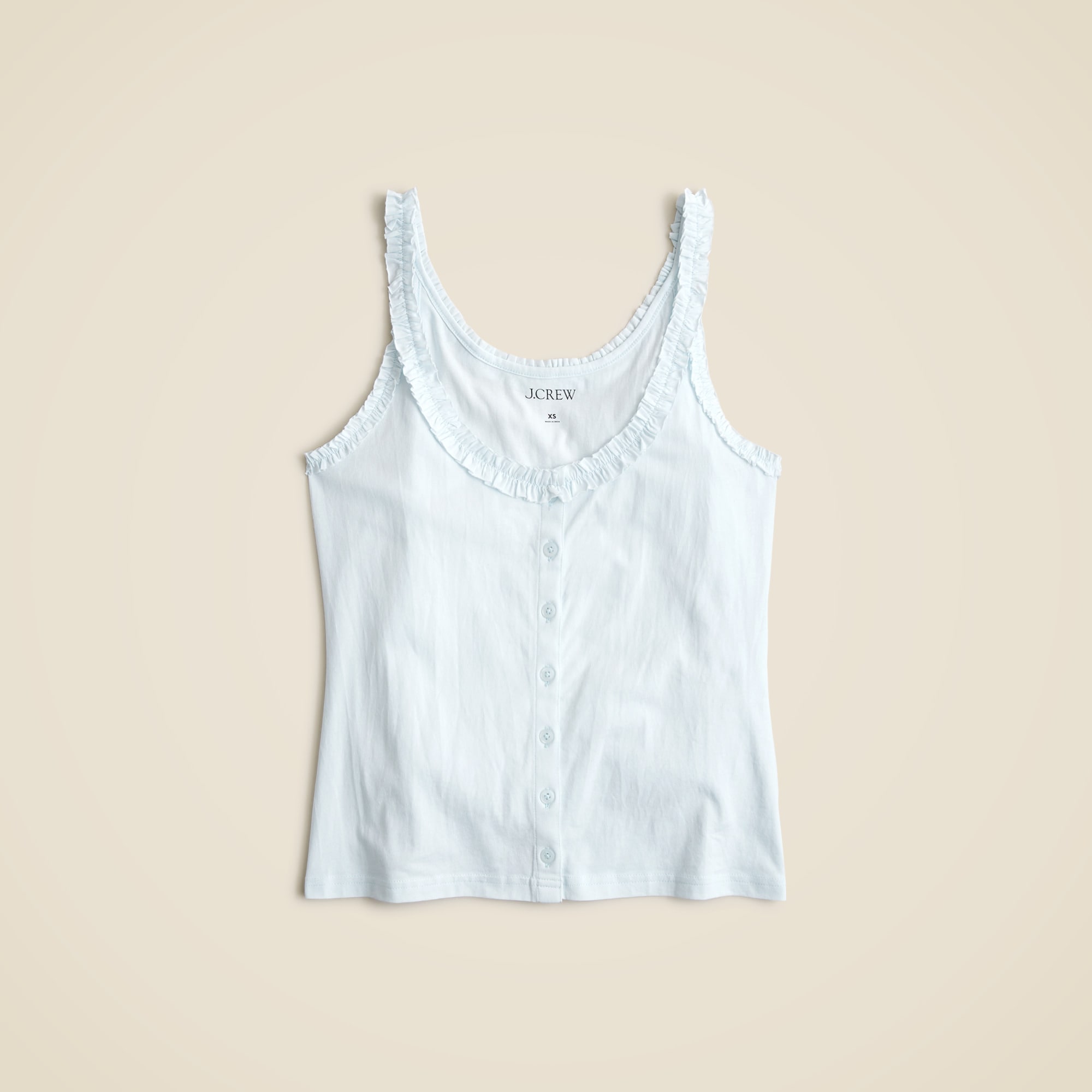 womens Broken-in jersey button-front tank top with ruffle trim