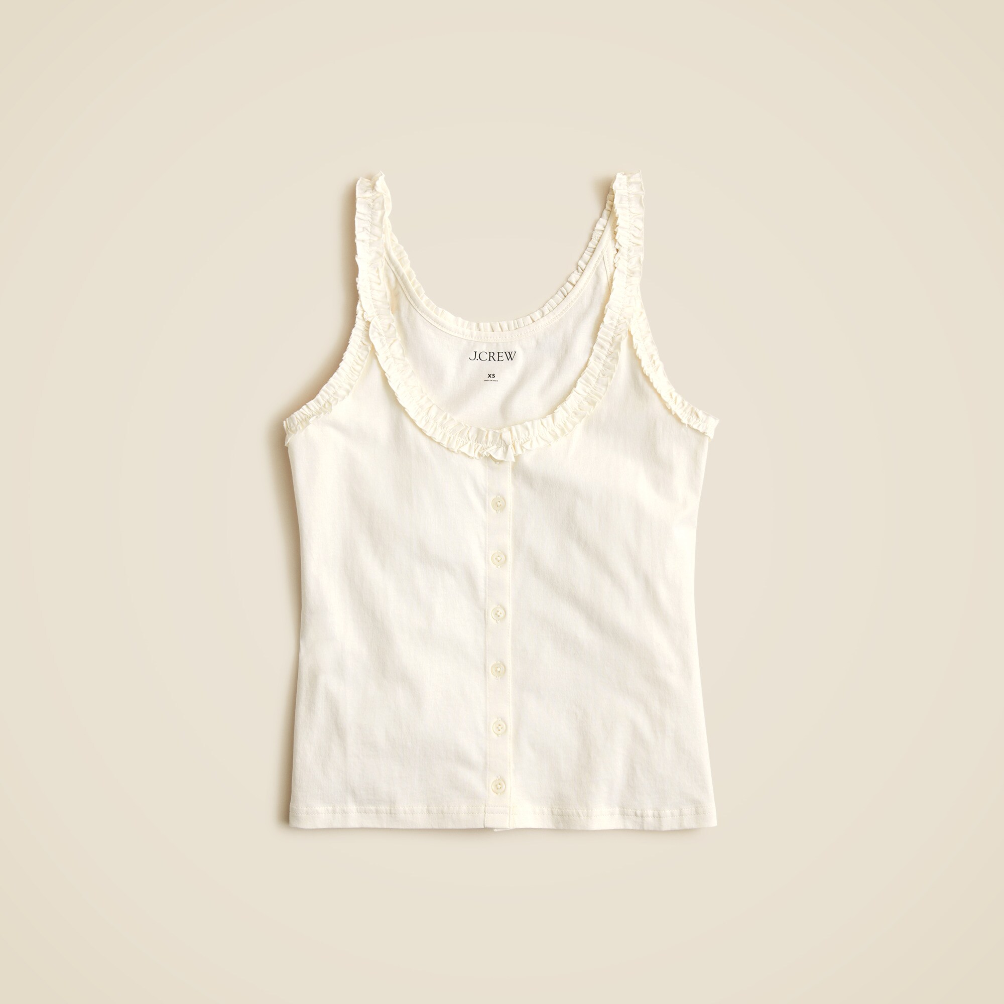 Broken-in jersey button-front tank top with ruffle trim