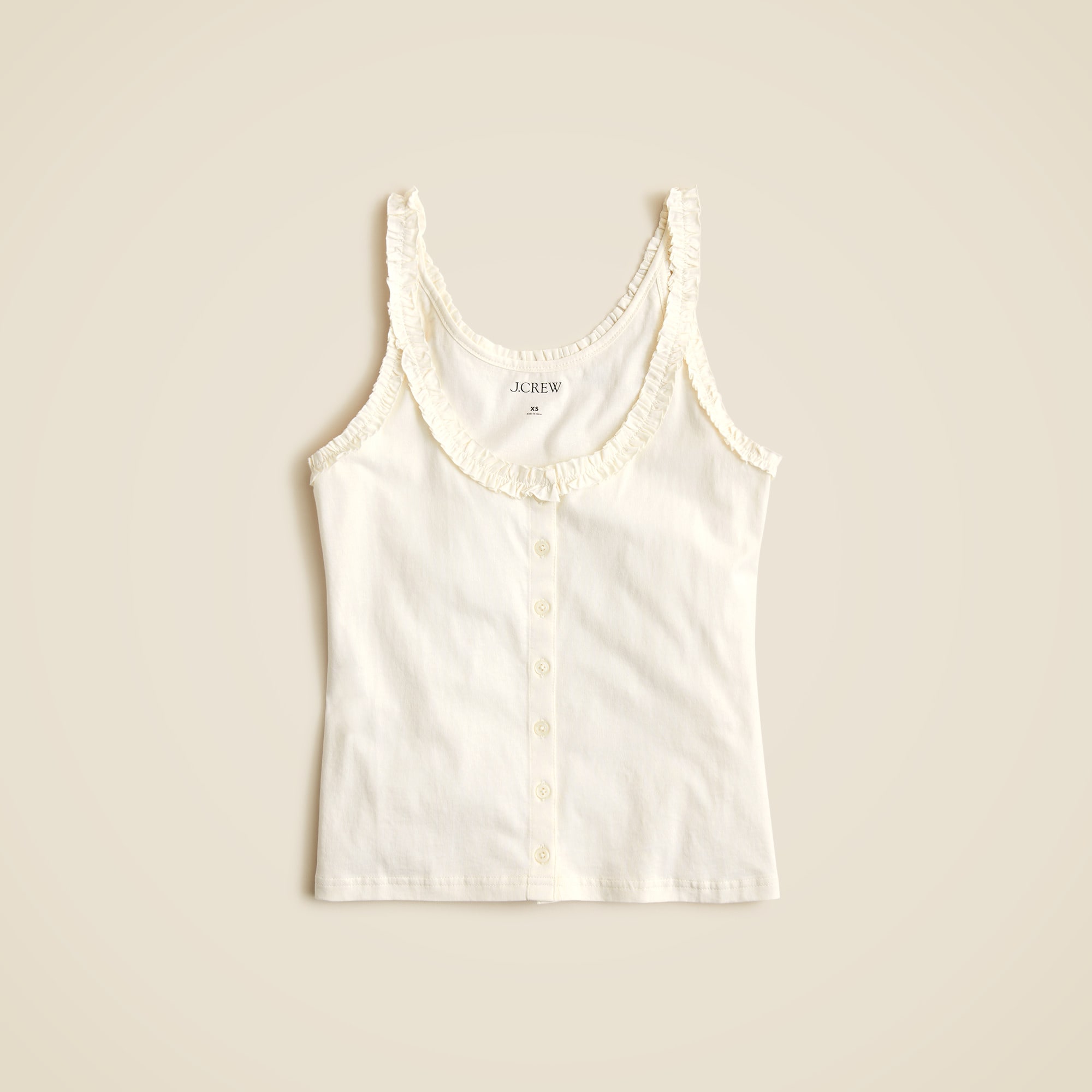 womens Broken-in jersey button-front tank top with ruffle trim