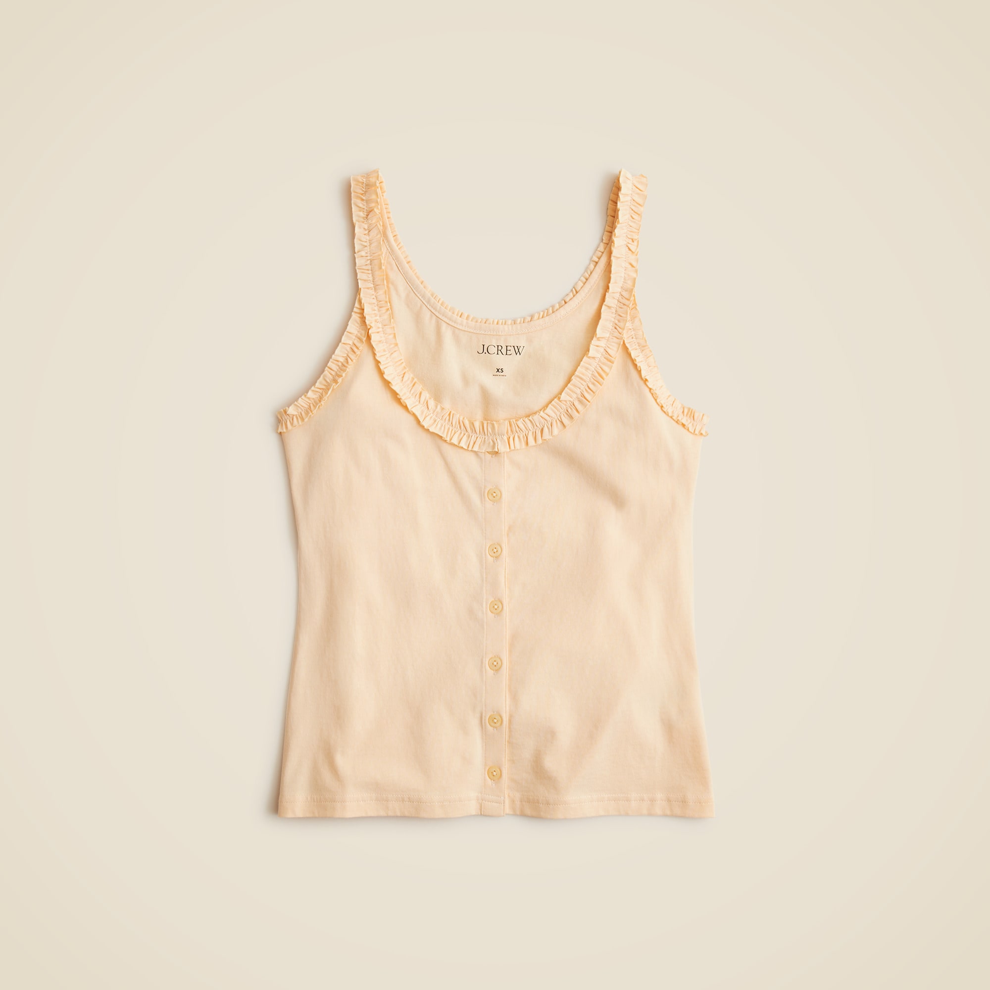womens Broken-in jersey button-front tank top with ruffle trim