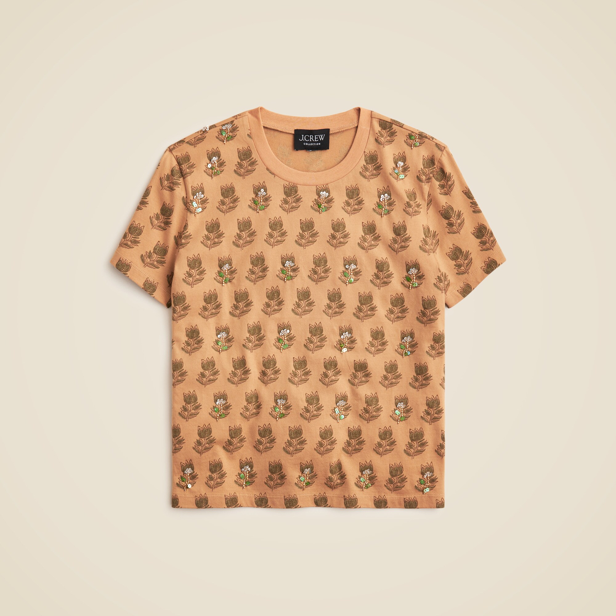Broken-in Jersey Embellished T-shirt In Tonal Tulip Block Print