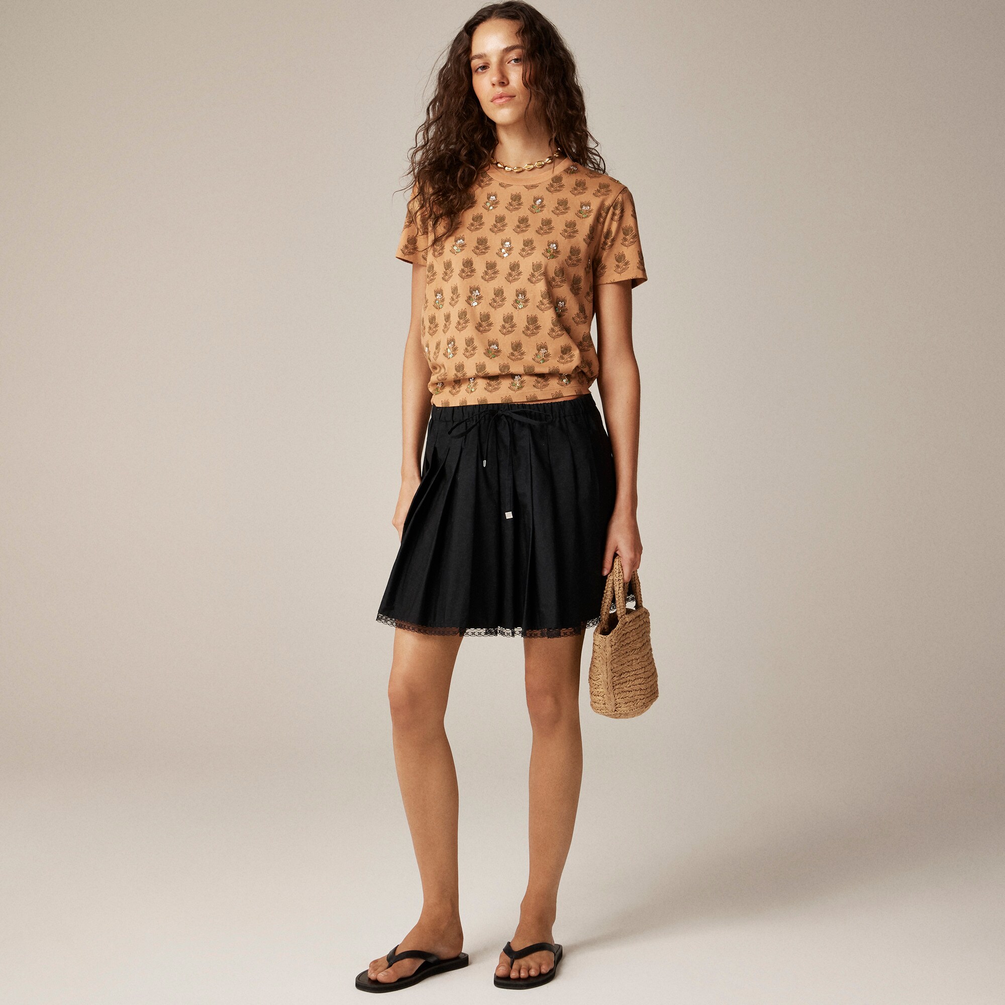 Broken-in jersey embellished T-shirt in tonal tulip block print