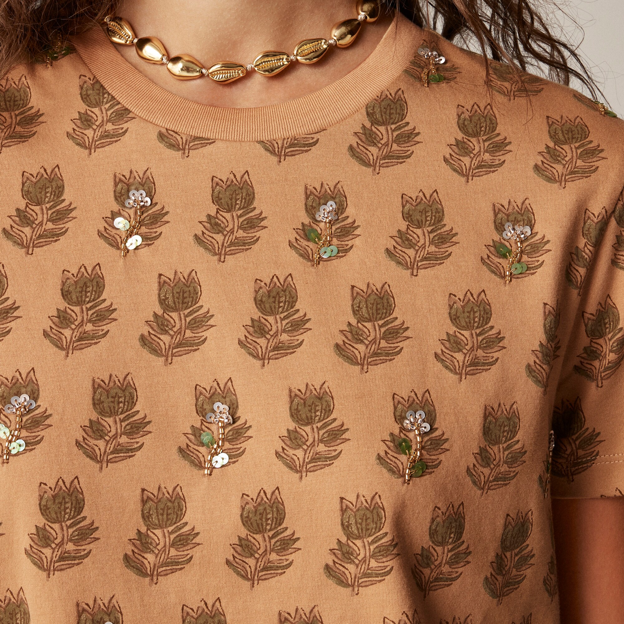 Broken-in jersey embellished T-shirt in tonal tulip block print