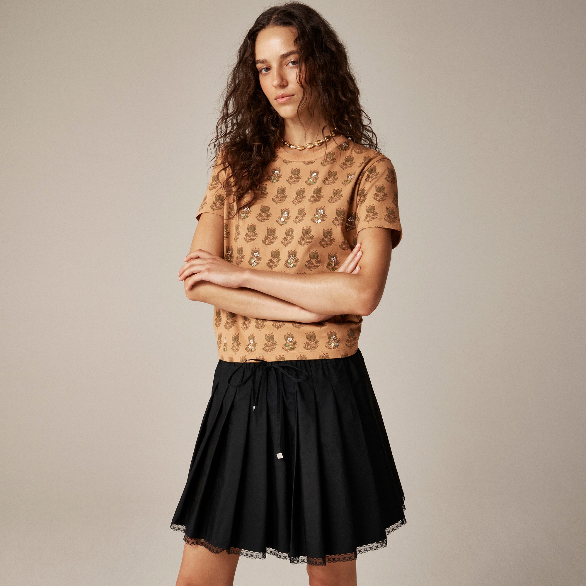 Broken-in jersey embellished T-shirt in tonal tulip block print