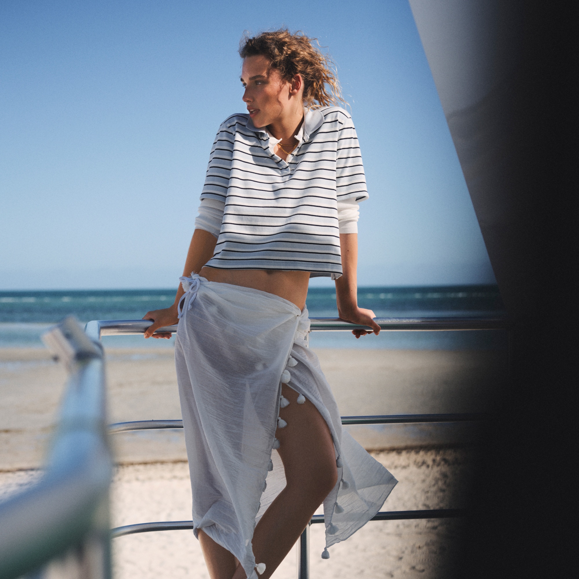 womens Piqu&eacute; cropped polo shirt in stripe
