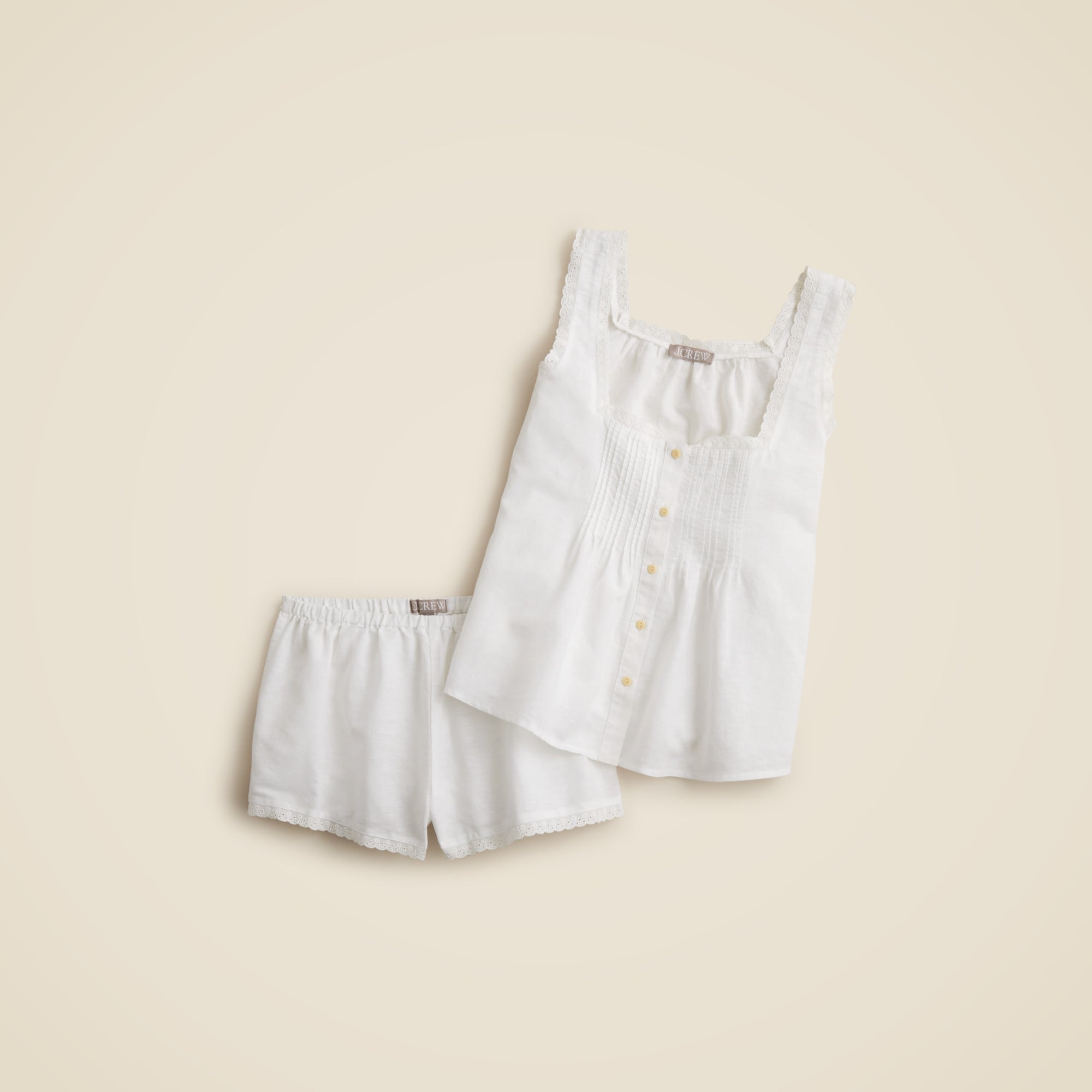 Lace-trim camisole and pajama short set in linen-cotton blend