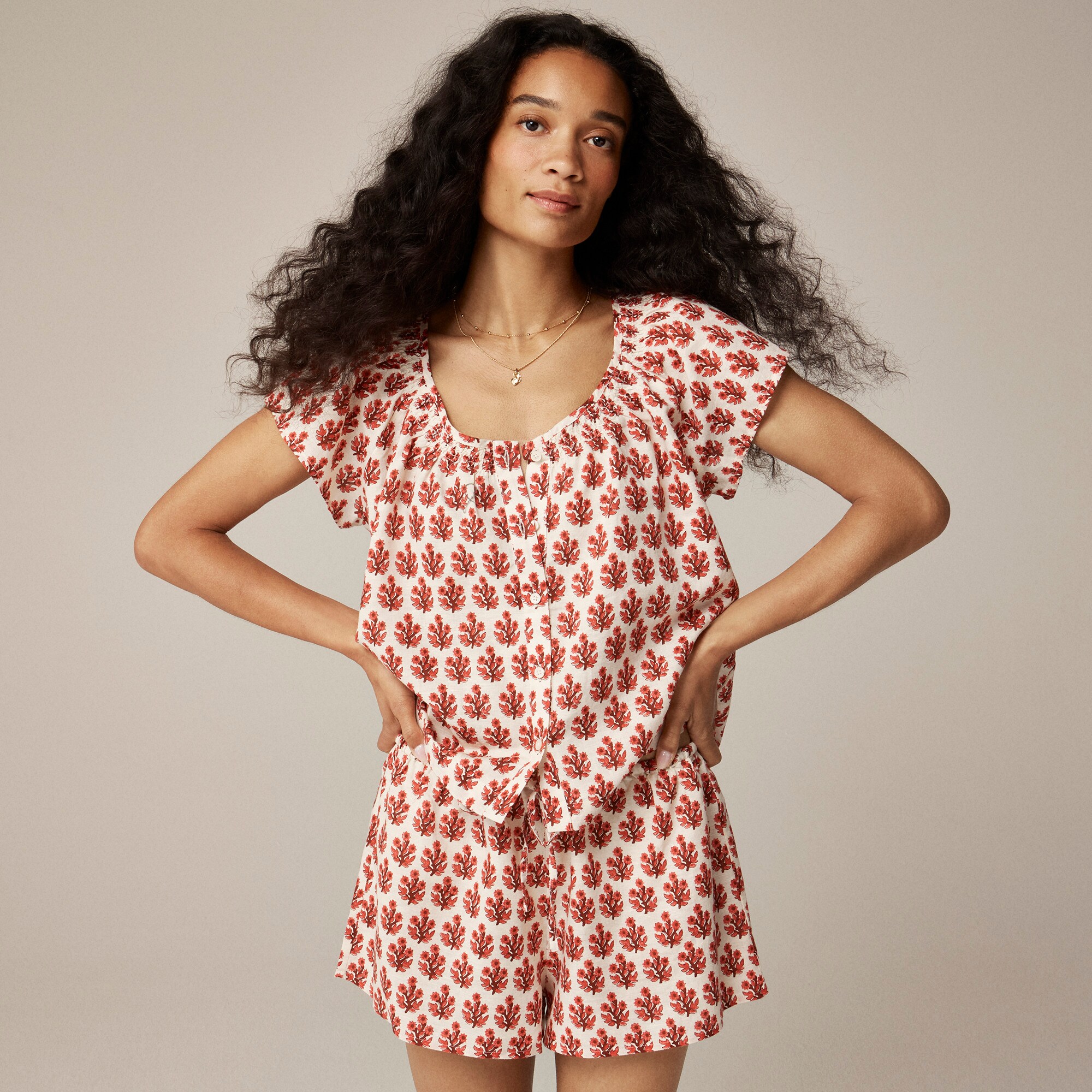  Linen-cotton blend flutter-sleeve pajama short set in floral print