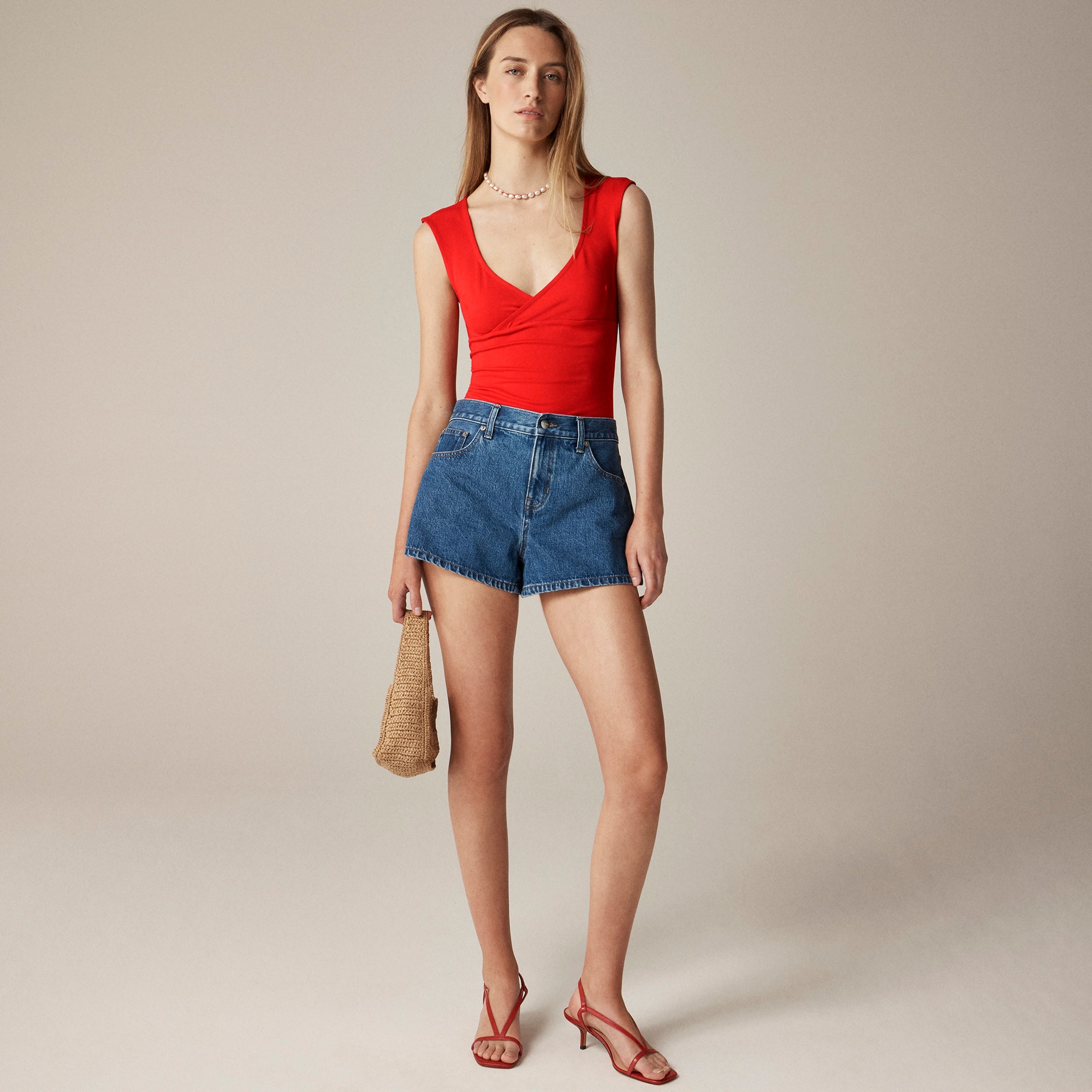 Stretch cotton cap-sleeve crossover shirt