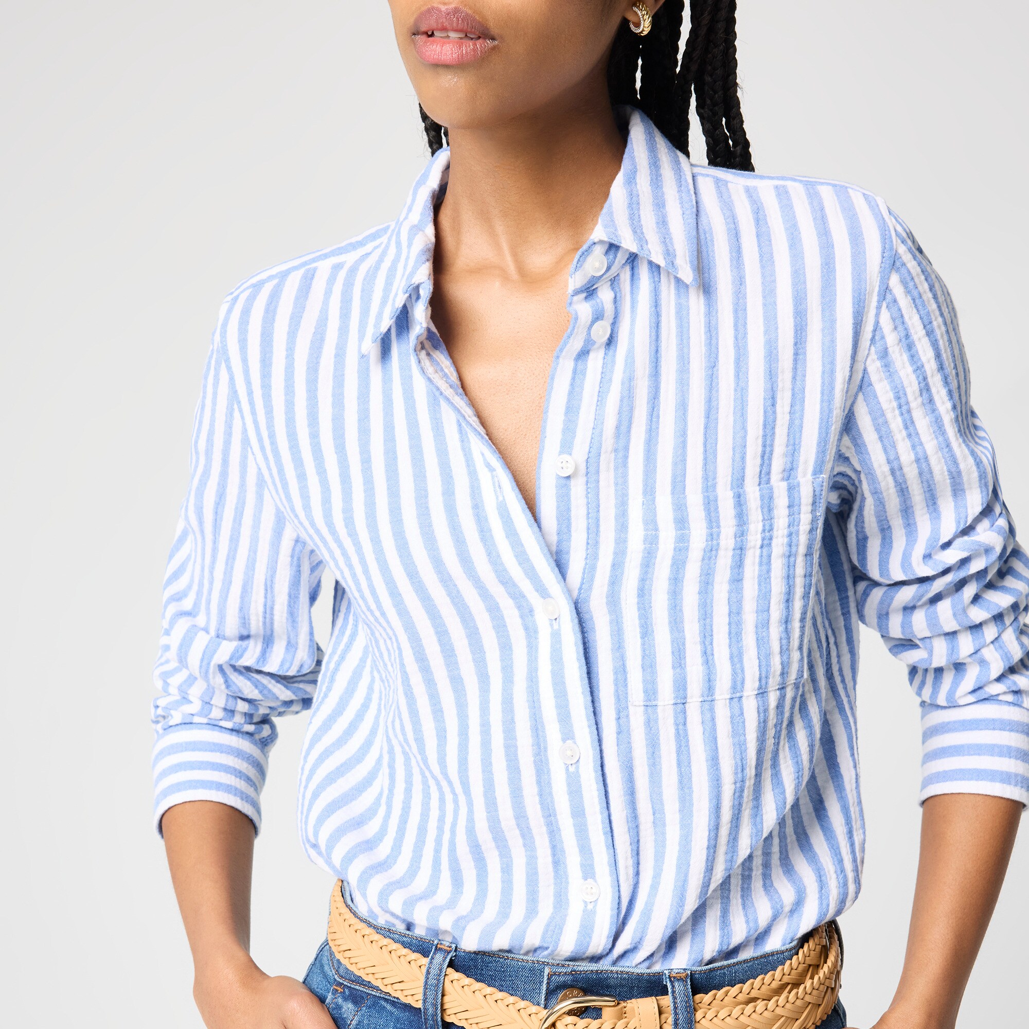 Striped Gauze Button-up Shirt For Women | Factory