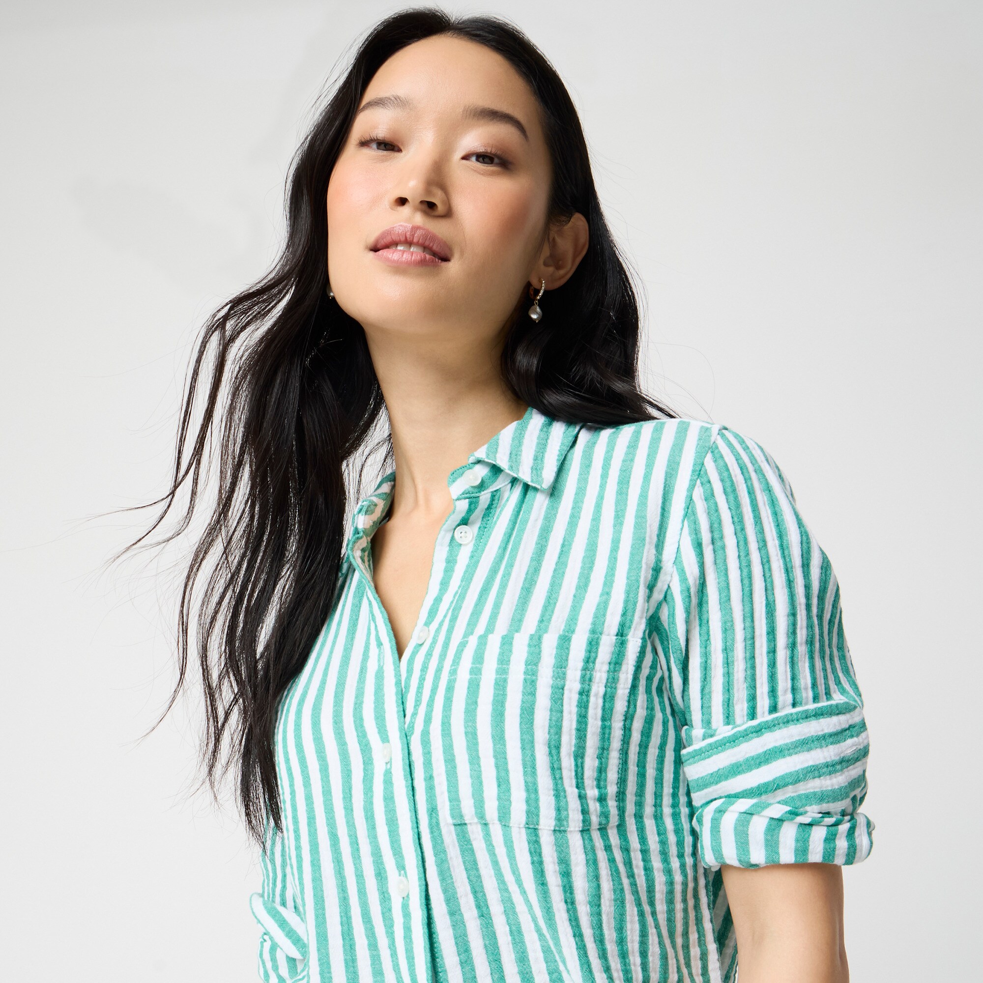 Striped Gauze Button-up Shirt For Women | Factory