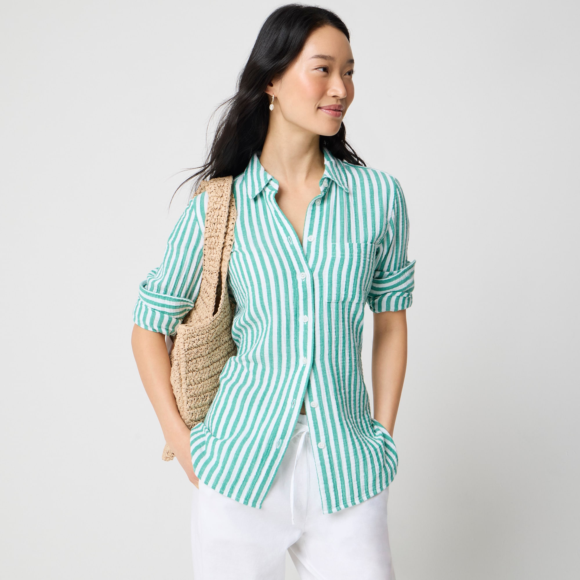 Striped gauze button-up shirt