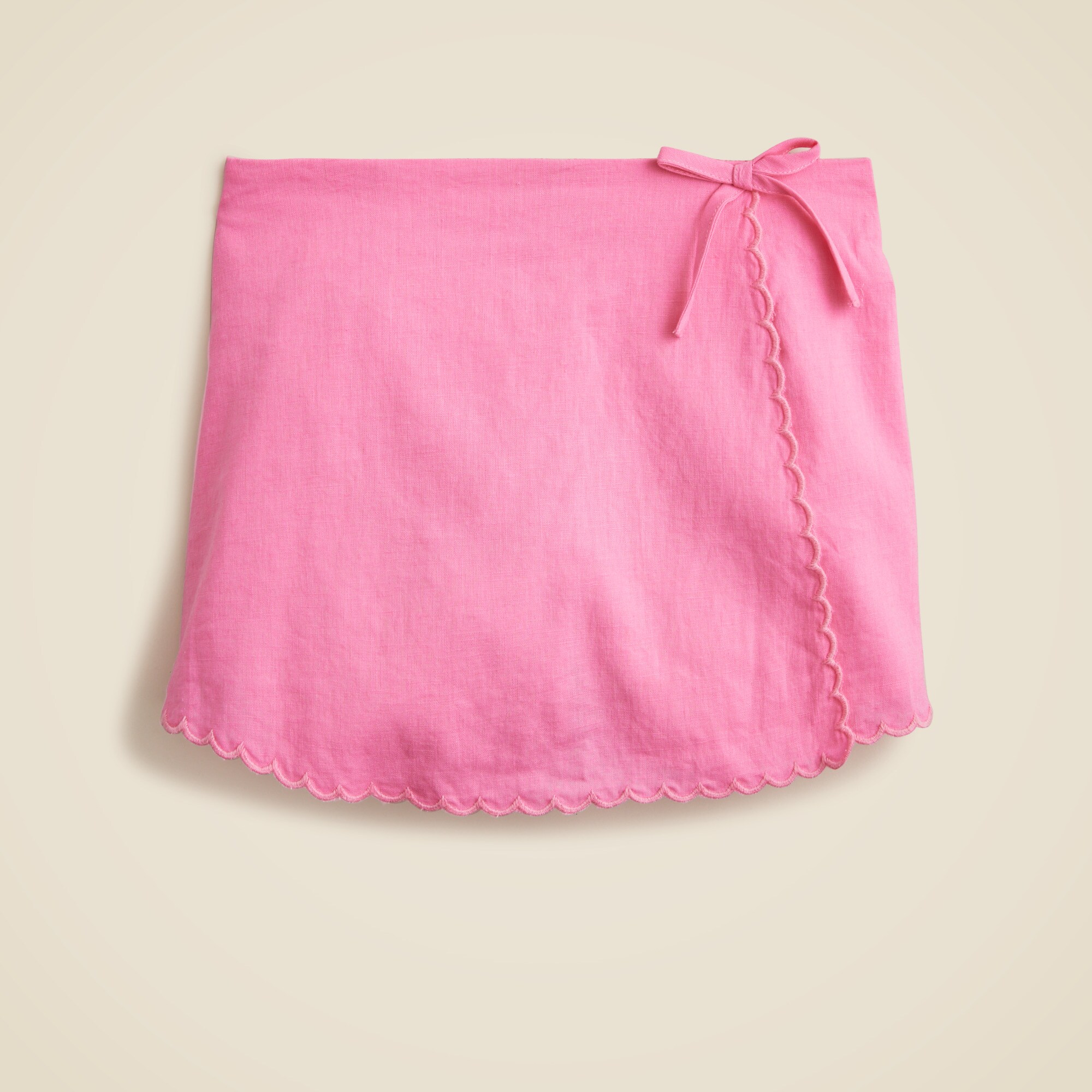  Girls' scallop-trim wrap skort in linen-cotton blend