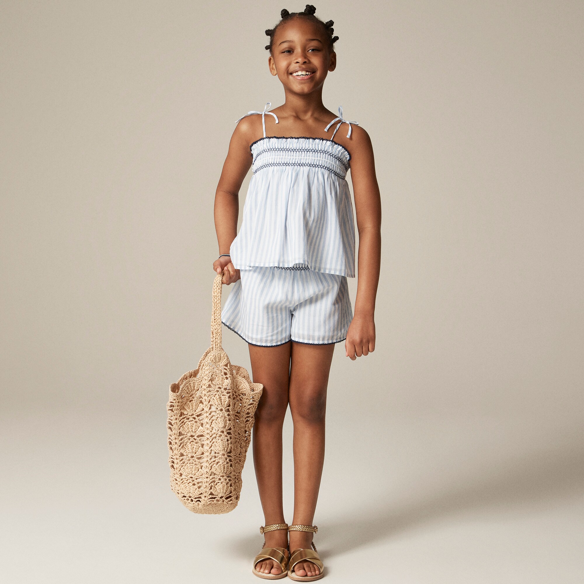 Girls' smocked short in cotton voile stripe