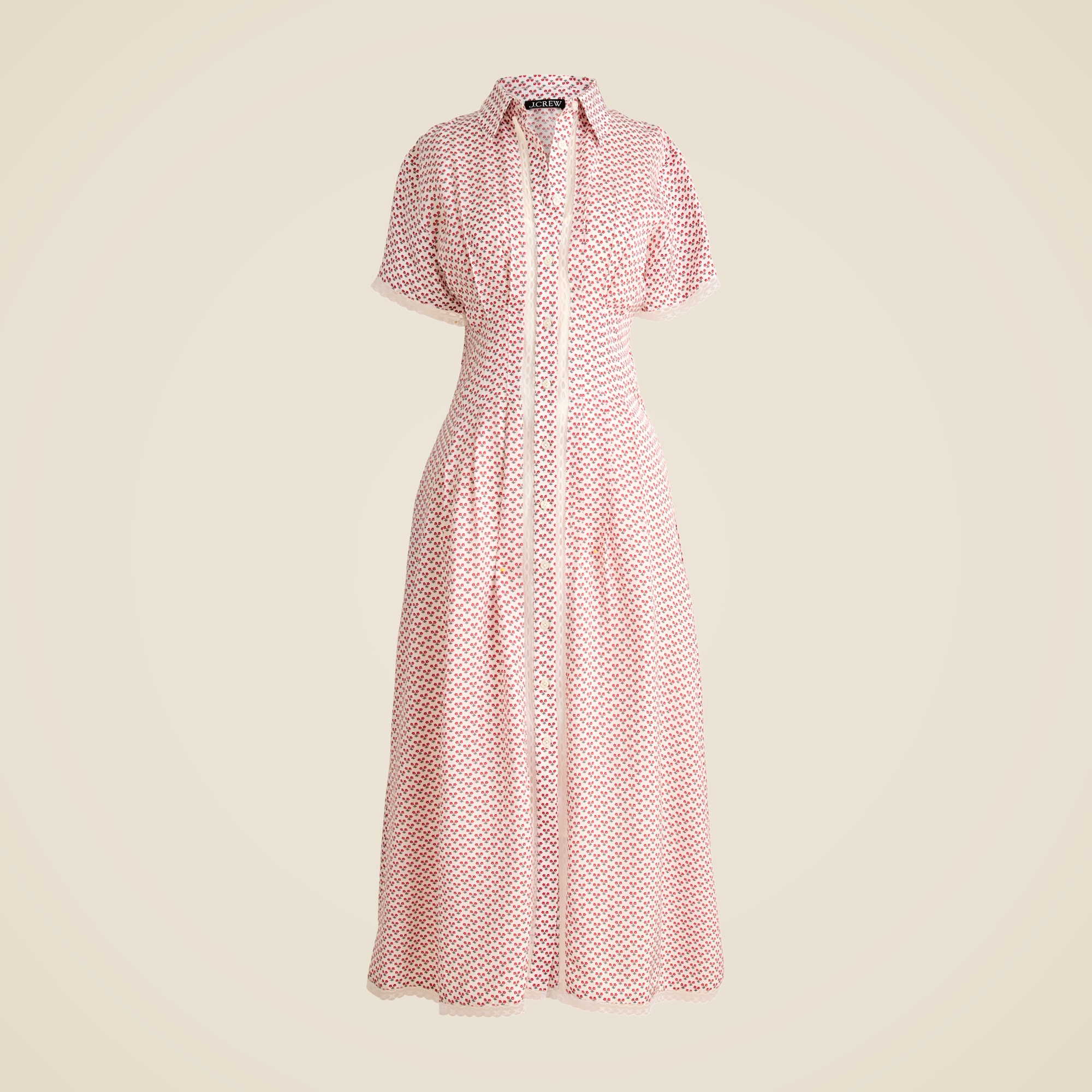 Wren lace-trim shirtdress in glossy twill