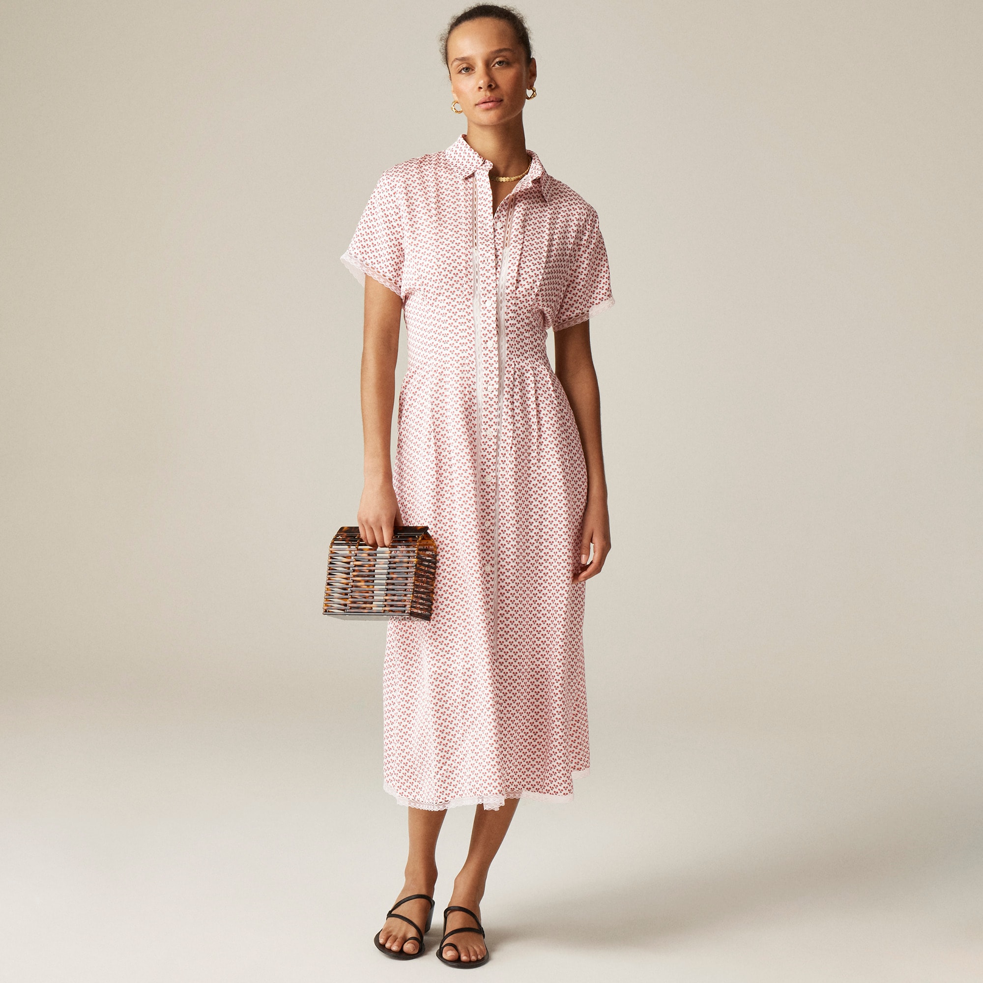 womens Wren lace-trim shirtdress in glossy twill