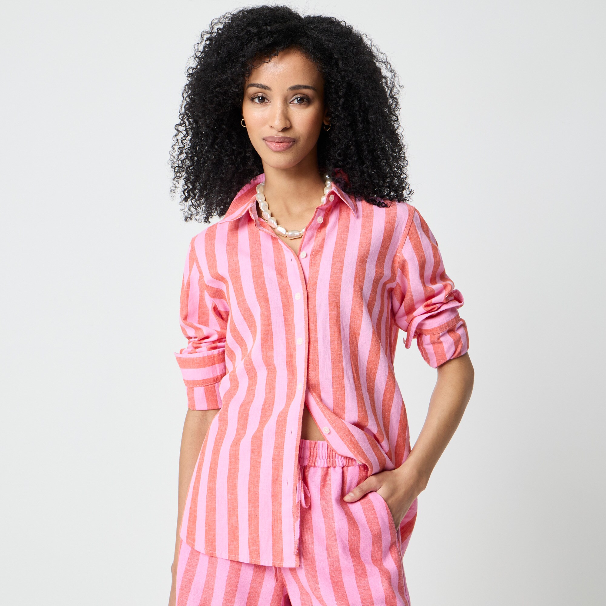 Striped Linen-blend Button-up Shirt For Women | Factory