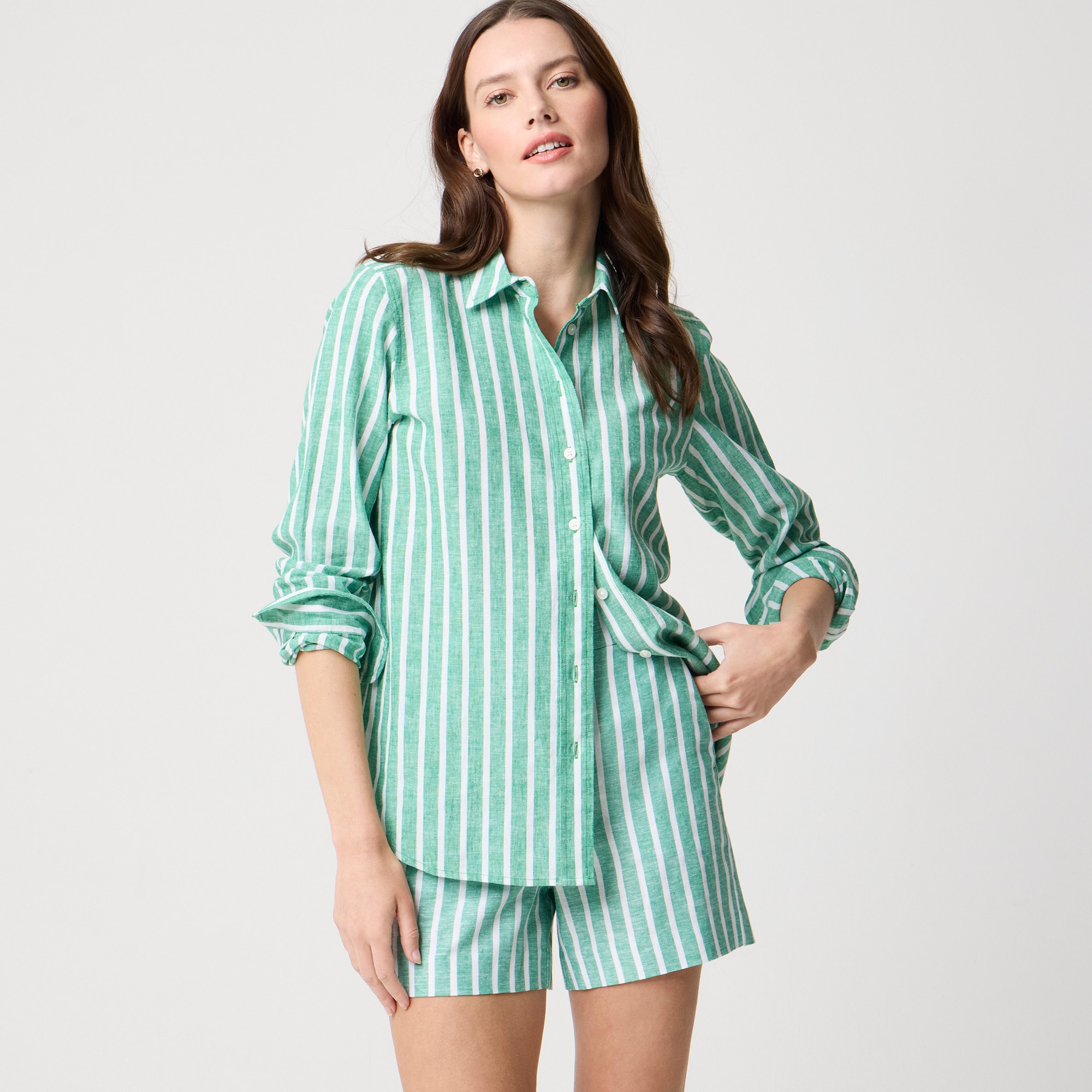 womens Striped linen-blend button-up shirt