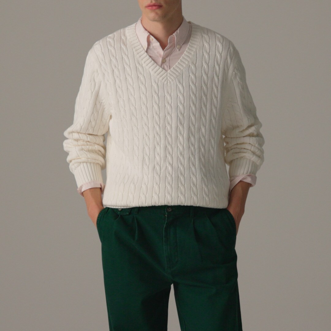 Cotton cable-knit V-neck sweater