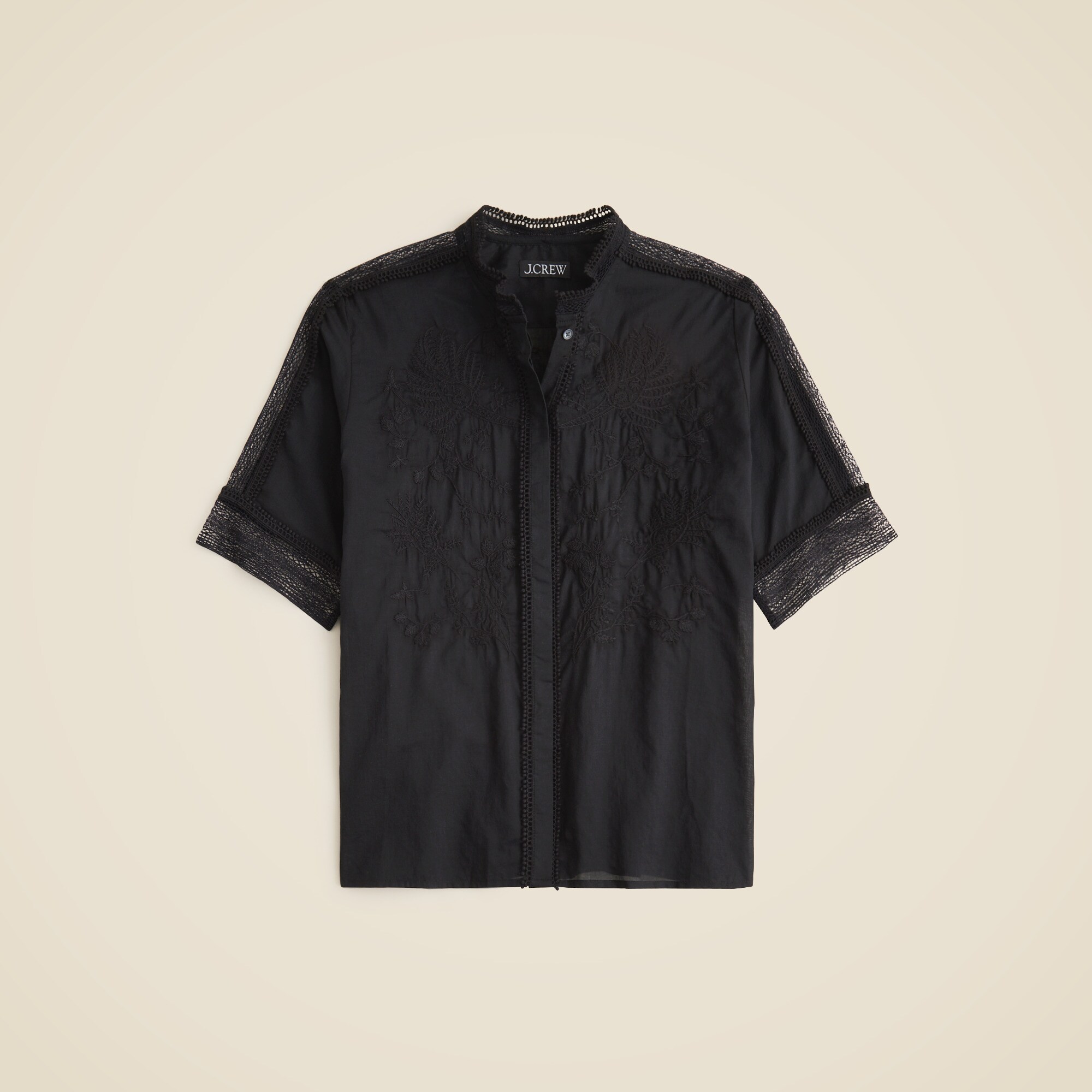 Embroidered lace-trim button-up shirt in cotton voile