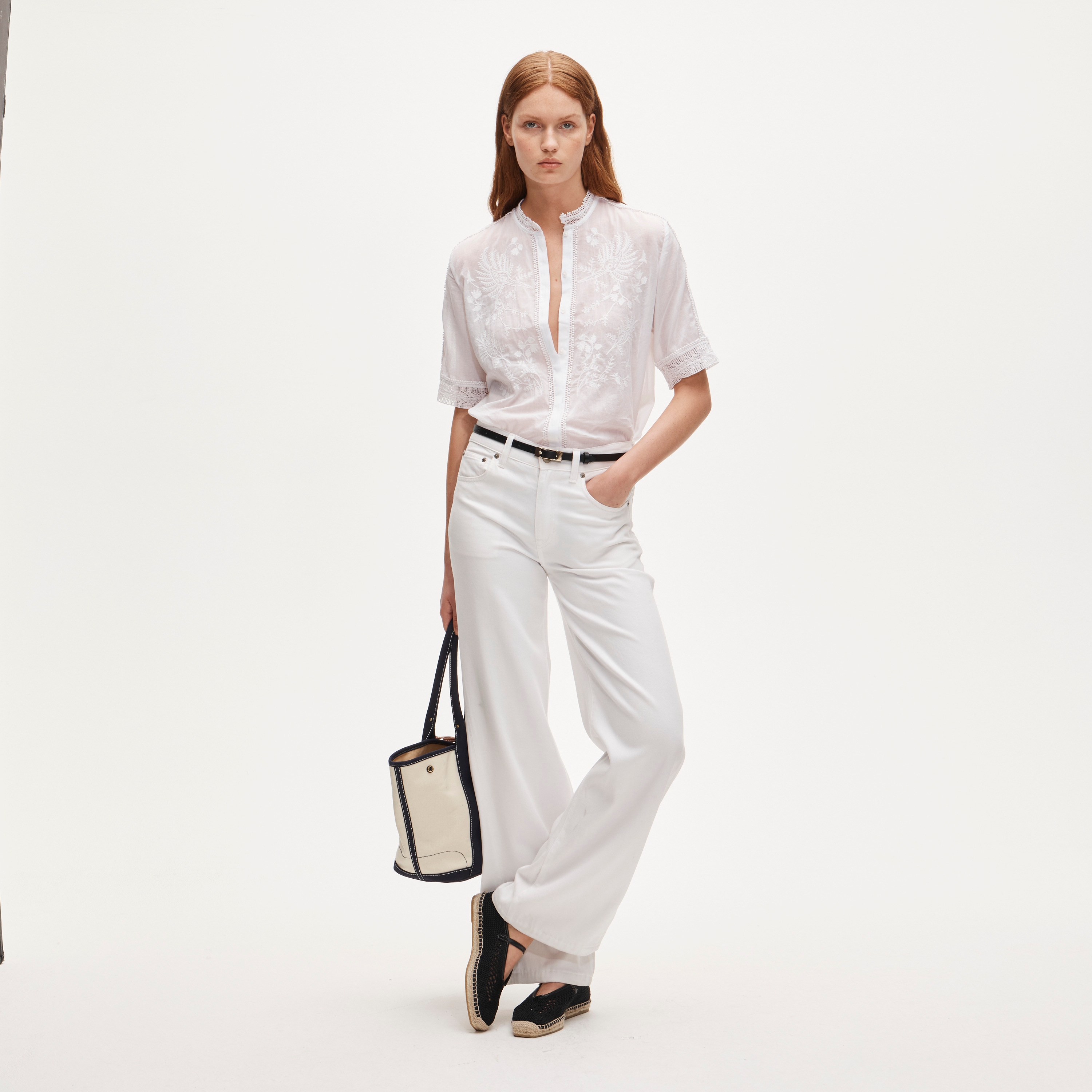 Embroidered lace-trim button-up shirt