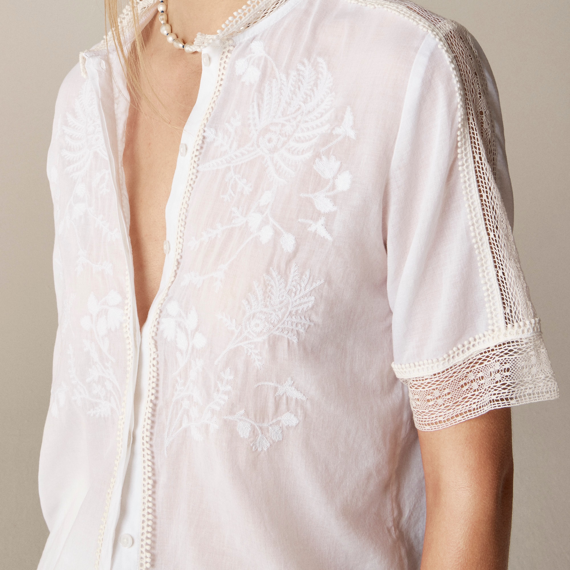 Embroidered lace-trim button-up shirt in cotton voile