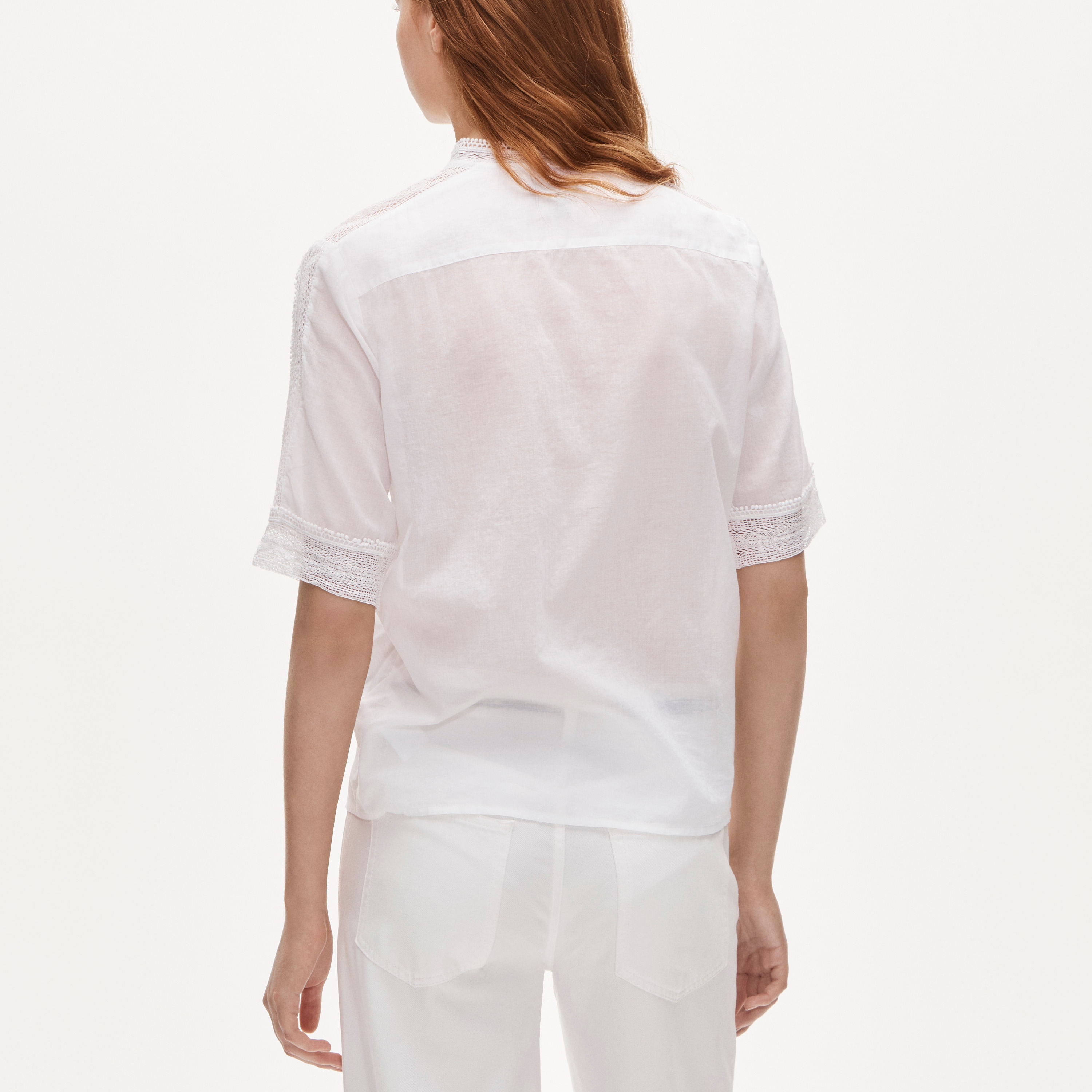 Embroidered lace-trim button-up shirt