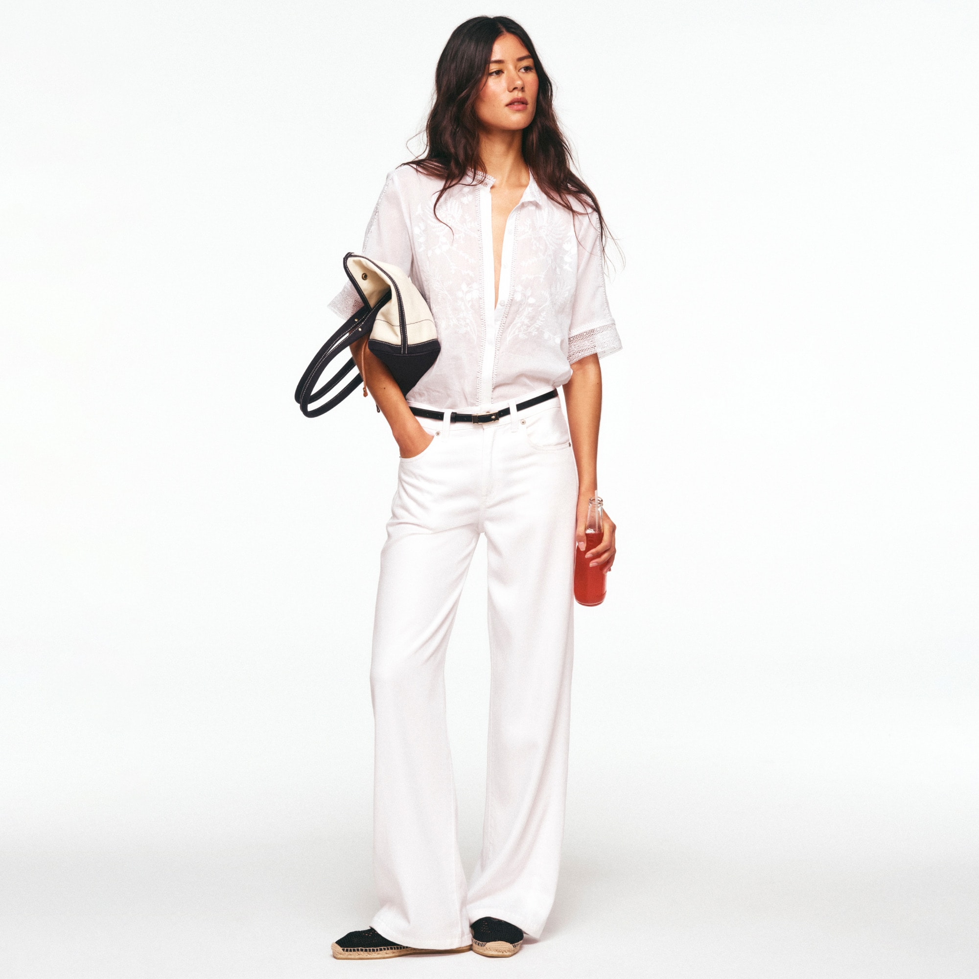 Embroidered lace-trim button-up shirt