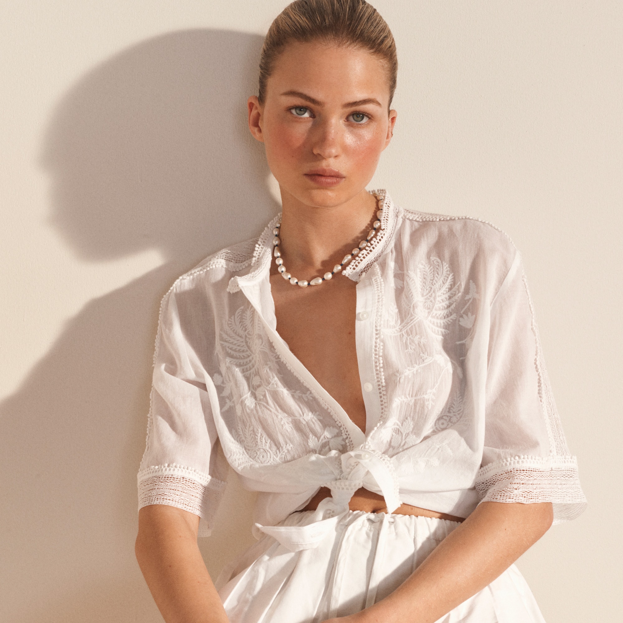 Embroidered lace-trim button-up shirt in cotton voile